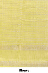 Yellow dola silk saree with striped floral motifs and bird & floral bottom design with self zari border and matching blouse