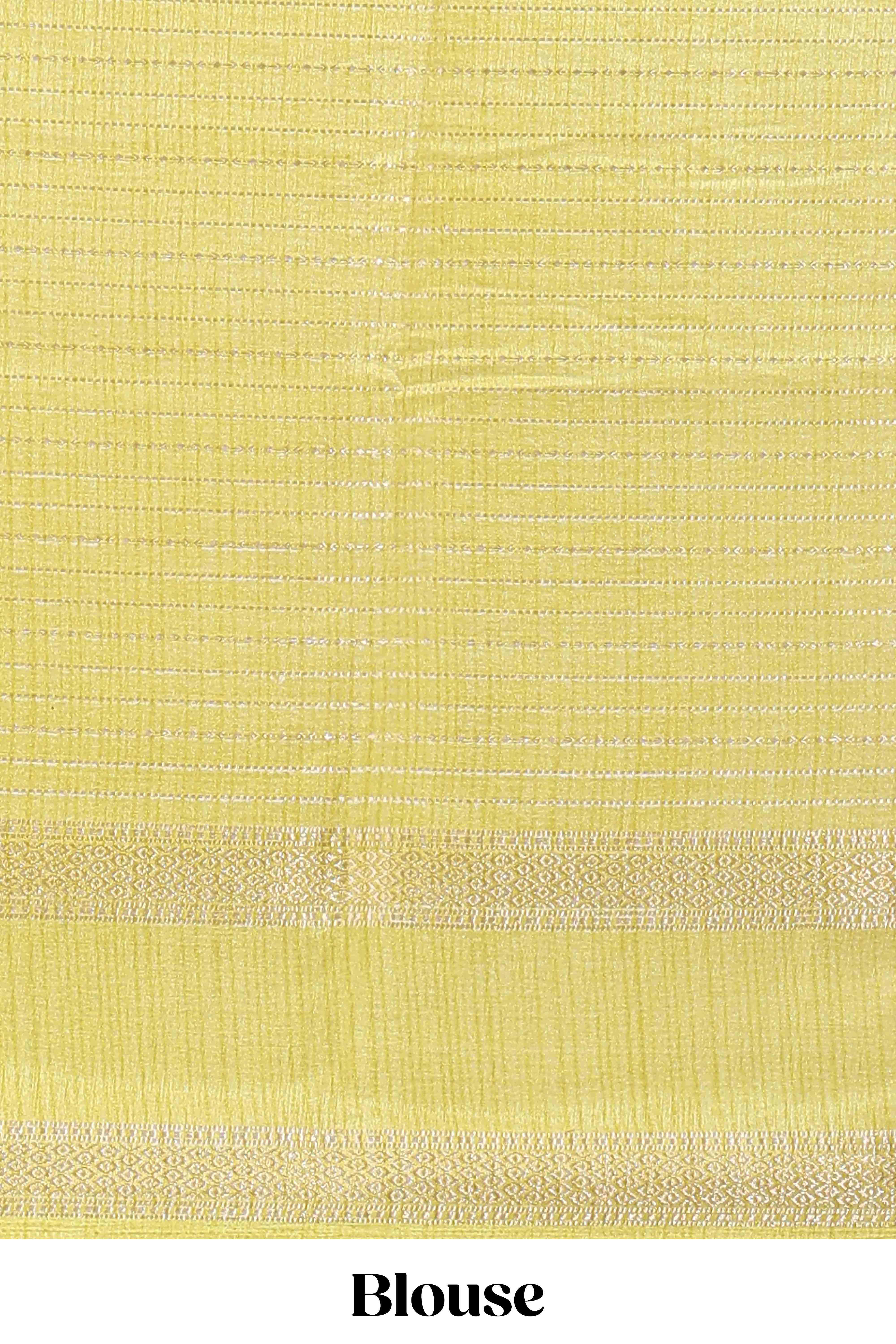 Yellow dola silk saree with striped floral motifs and bird & floral bottom design with self zari border and matching blouse