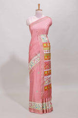Baby pink dola silk saree with striped floral motifs and bird & floral bottom design with self zari border and matching blouse