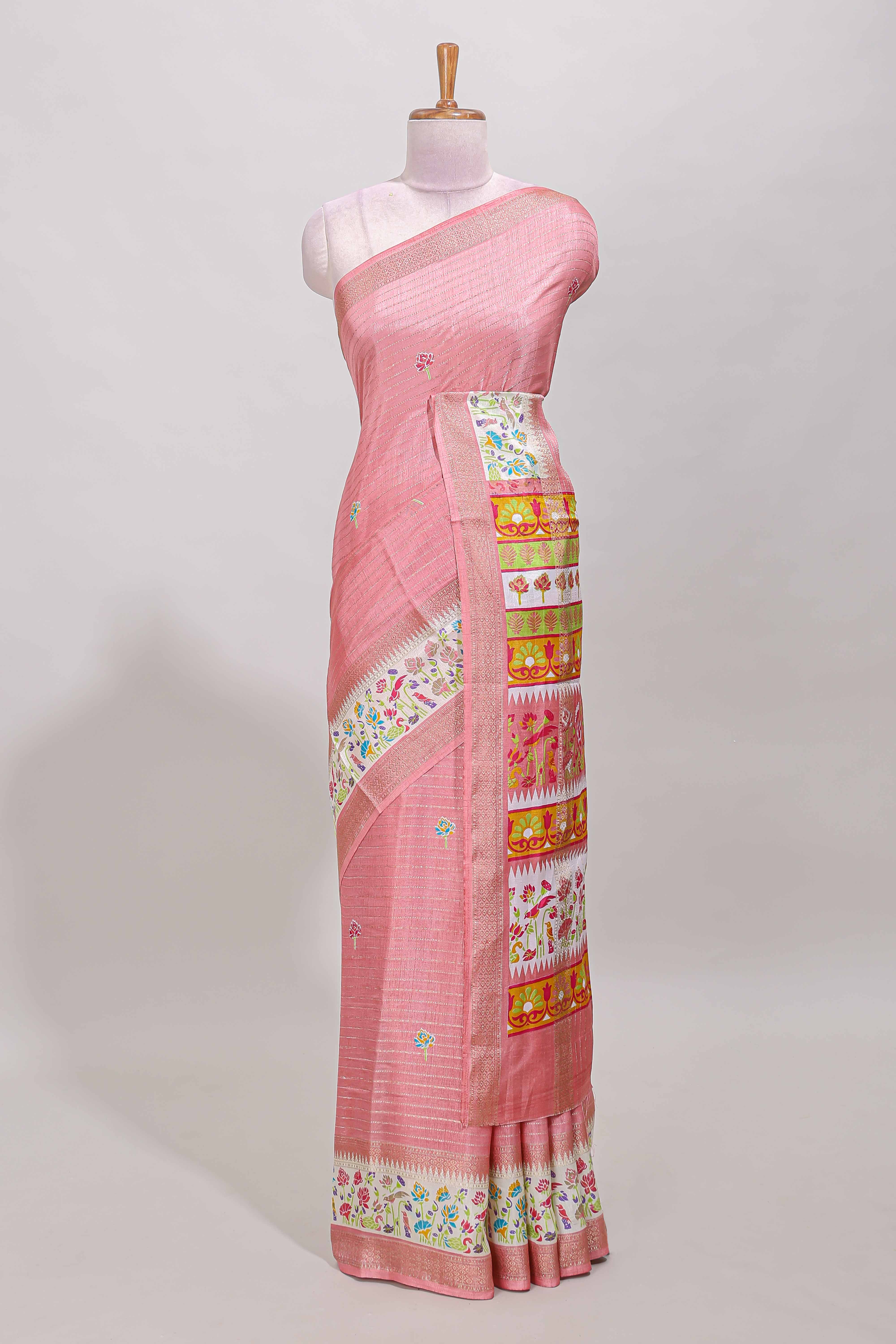 Baby pink dola silk saree with striped floral motifs and bird & floral bottom design with self zari border and matching blouse