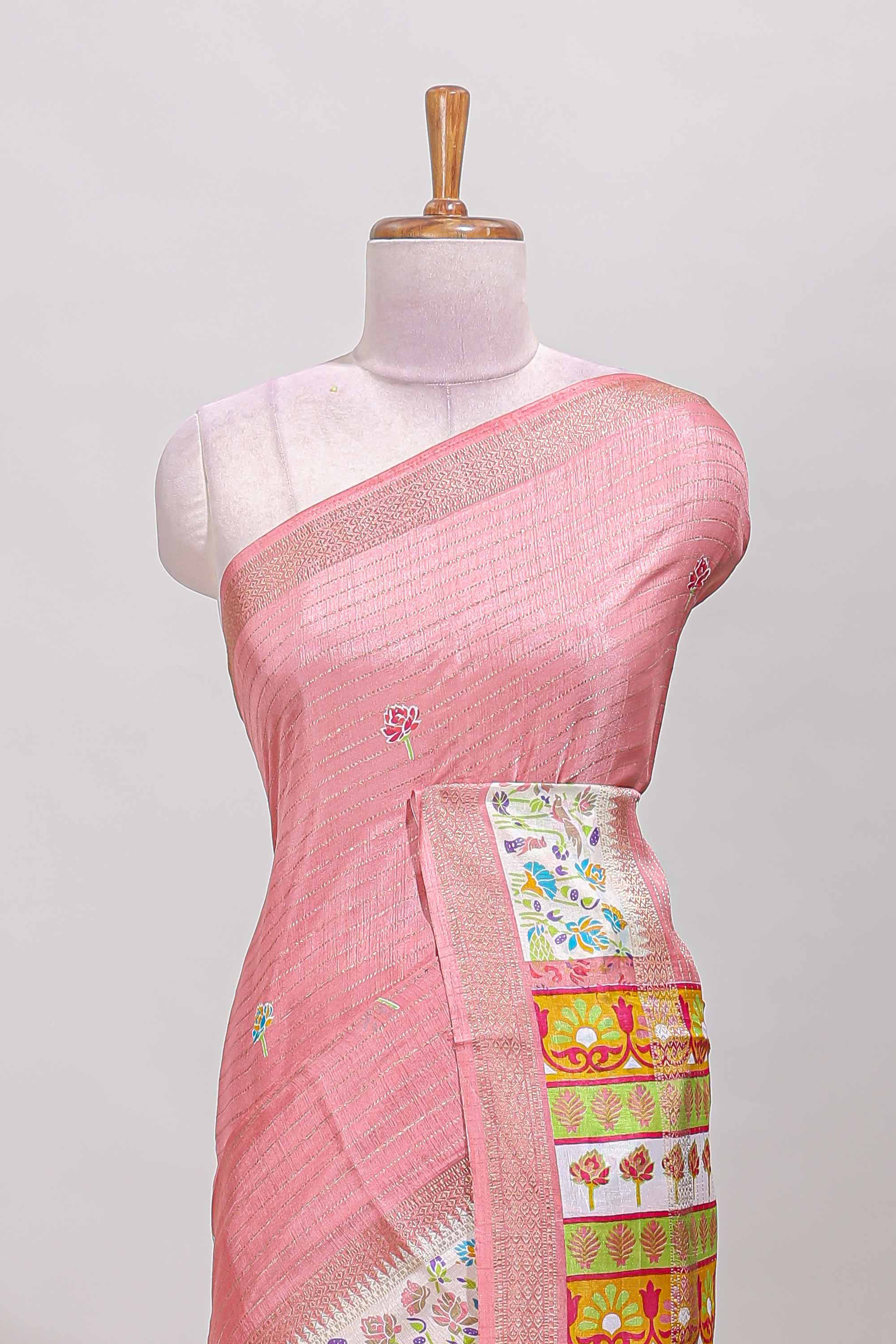Baby pink dola silk saree with striped floral motifs and bird & floral bottom design with self zari border and matching blouse