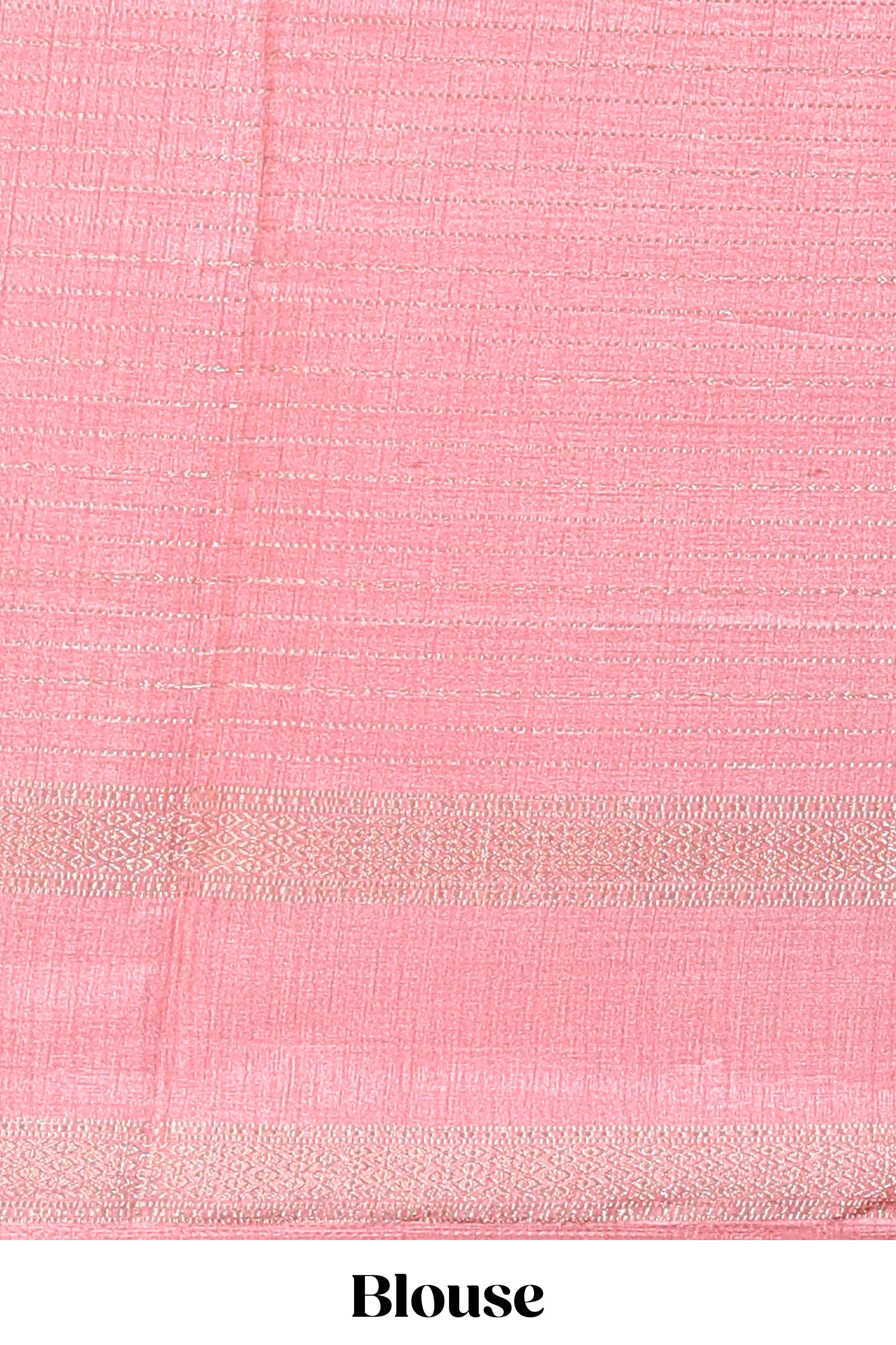 Baby pink dola silk saree with striped floral motifs and bird & floral bottom design with self zari border and matching blouse