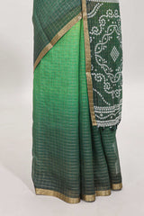 Yellow and green dual shade checked linen cotton saree with self zari border and matching blouse