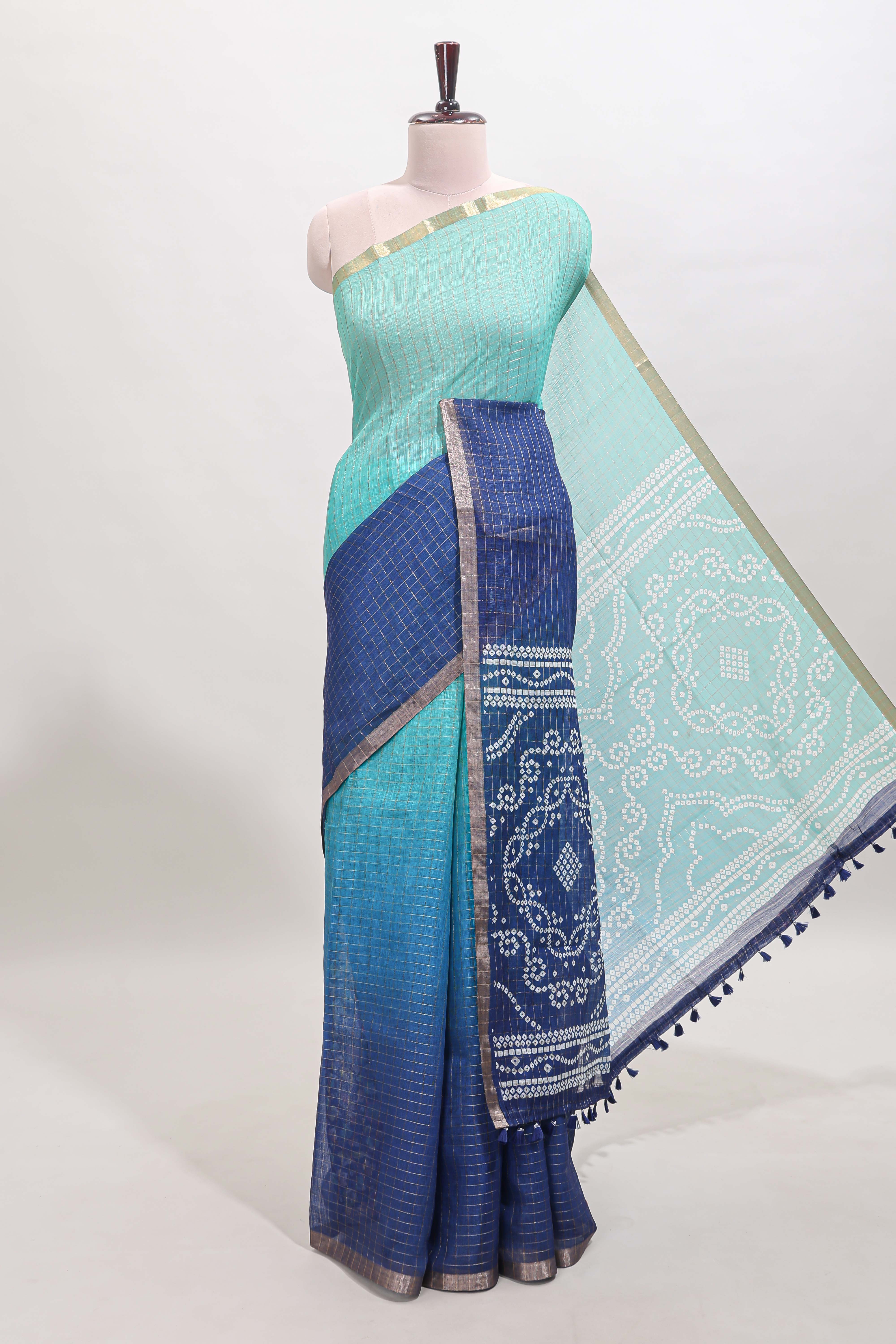 Green and blue dual shade checked checked linen cotton saree with self zari border printed blouse