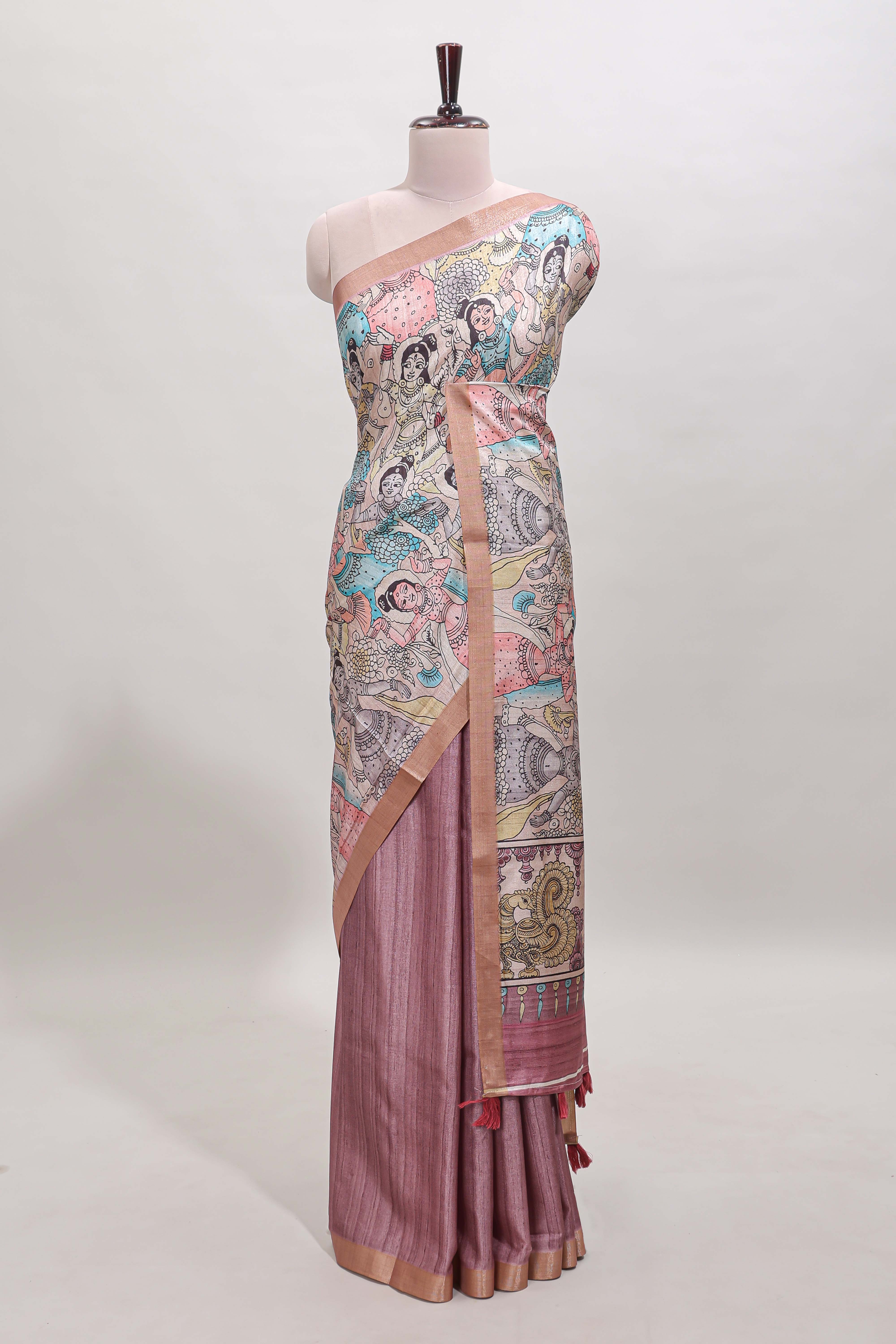 Onion pink kalamkari style art tussar saree with self zari border and blouse