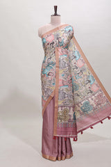 Onion pink kalamkari style art tussar saree with self zari border and blouse