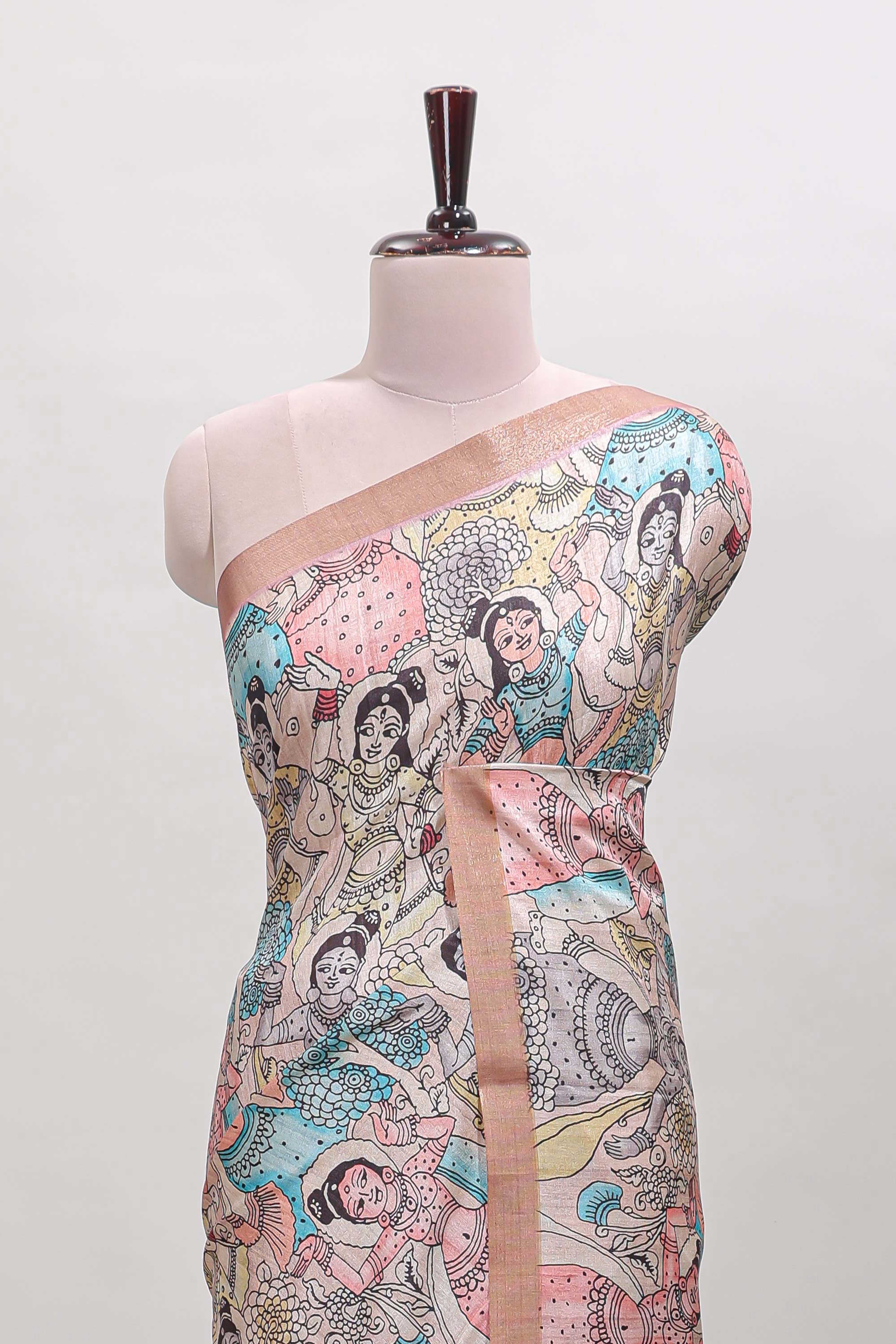 Onion pink kalamkari style art tussar saree with self zari border and blouse