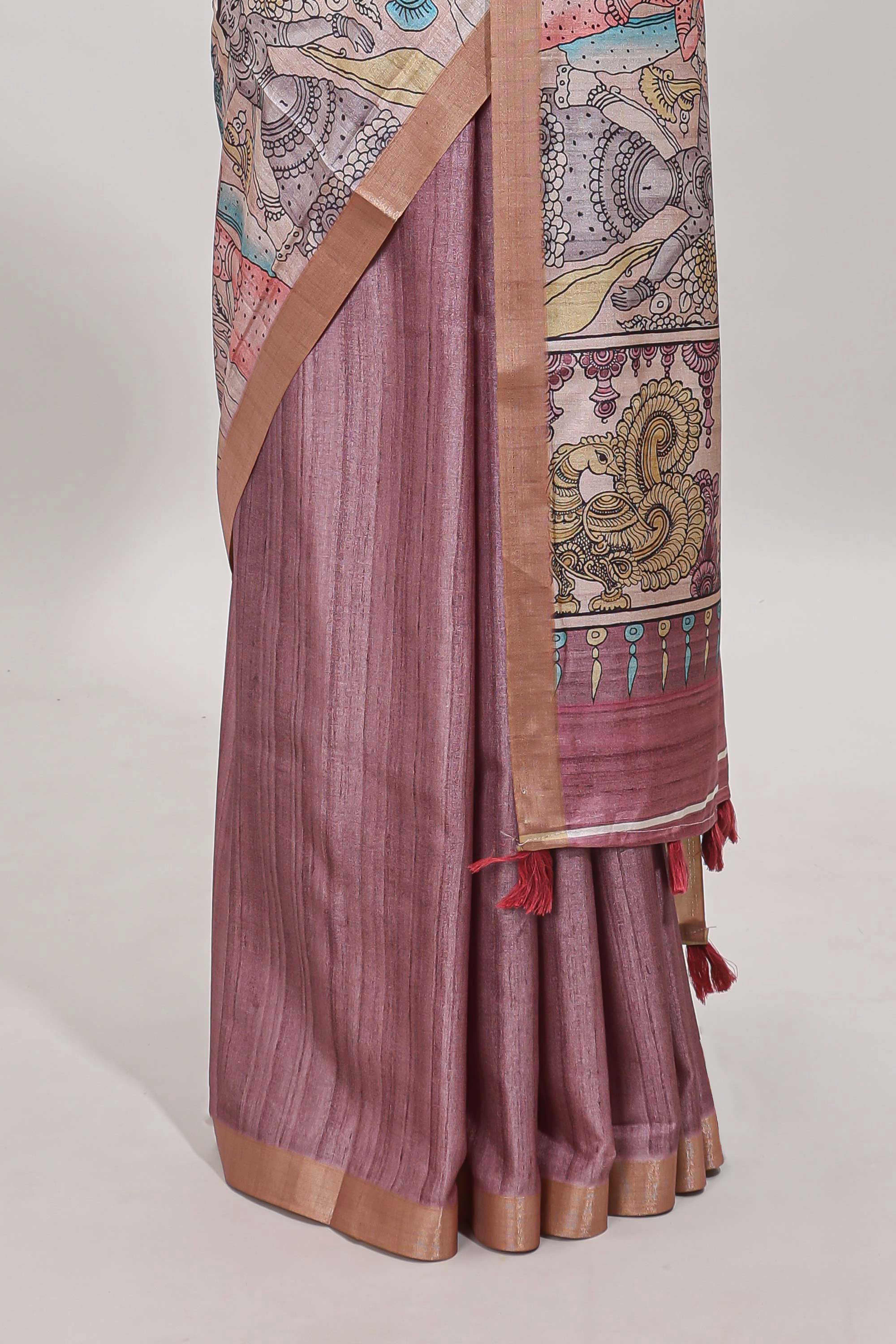 Onion pink kalamkari style art tussar saree with self zari border and blouse