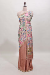 Peach kalamkari style art tussar saree with self zari border and blouse