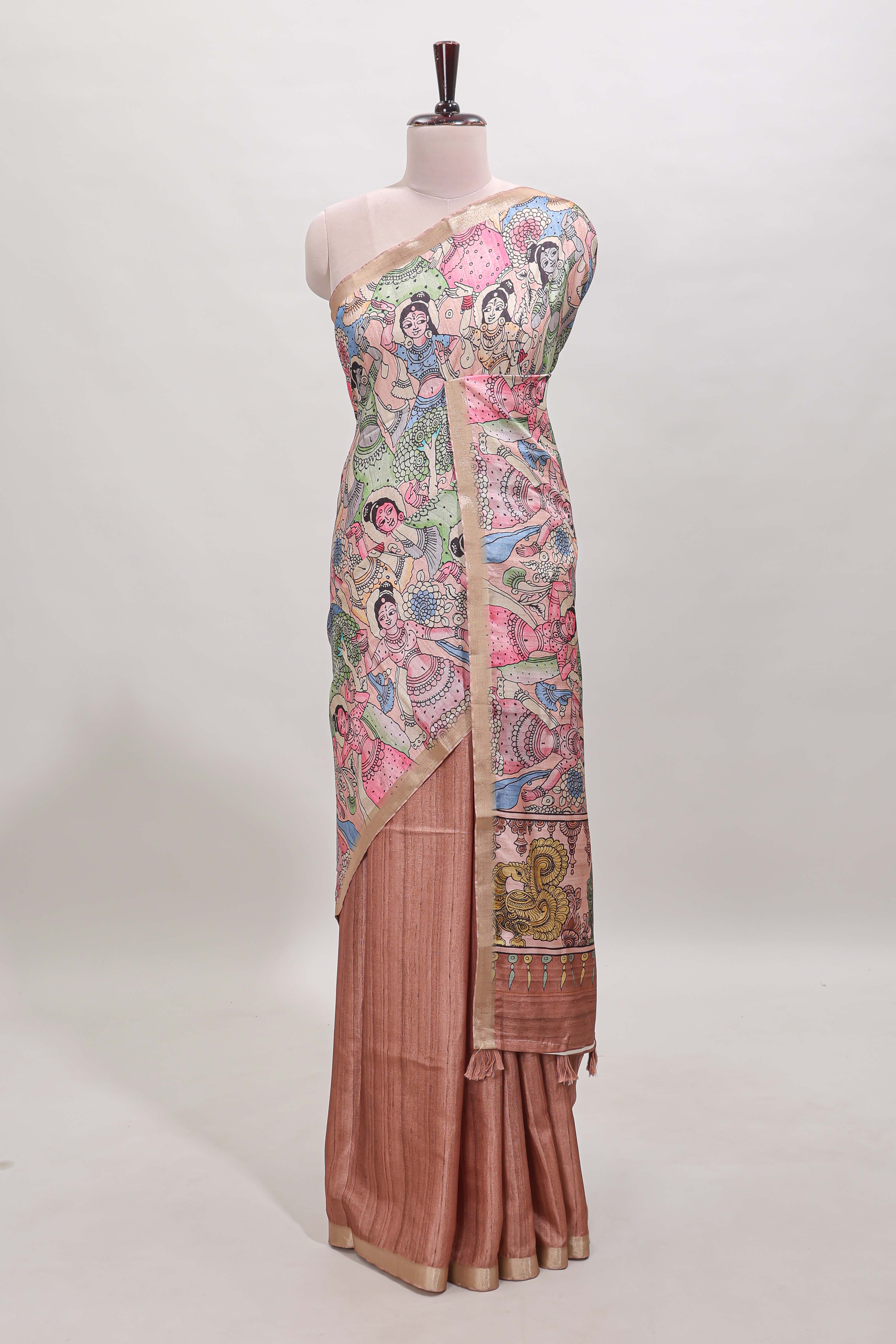 Peach kalamkari style art tussar saree with self zari border and blouse
