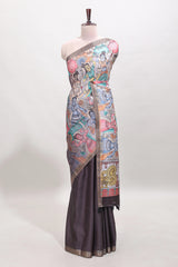 Dark brown kalamkari style tussar saree with self zari border and matching blouse