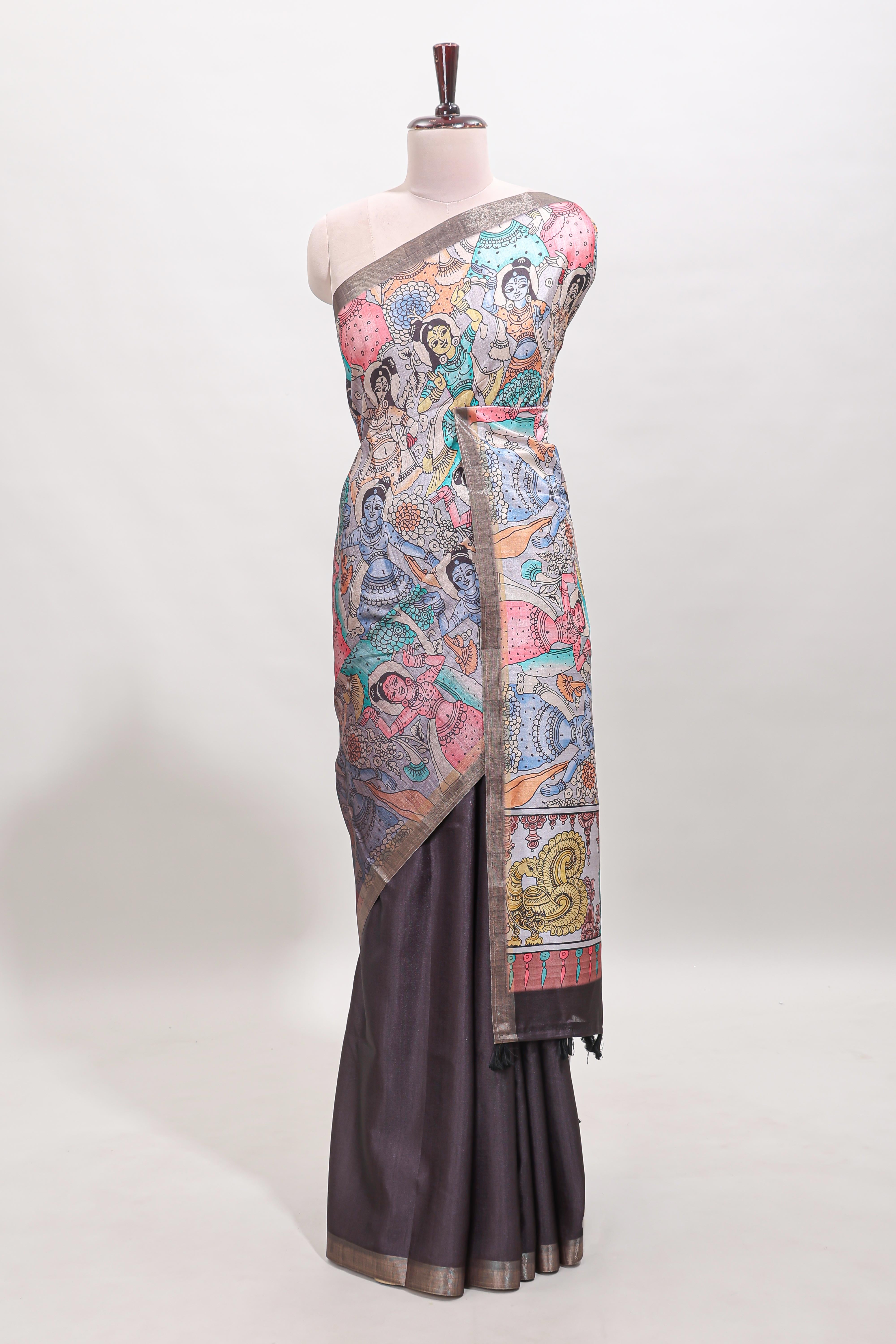 Dark brown kalamkari style tussar saree with self zari border and matching blouse