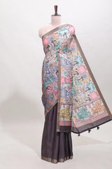 Dark brown kalamkari style tussar saree with self zari border and matching blouse