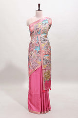Pink kalamkari style art tussar saree with self zari border and blouse