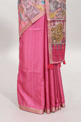 Pink kalamkari style art tussar saree with self zari border and blouse