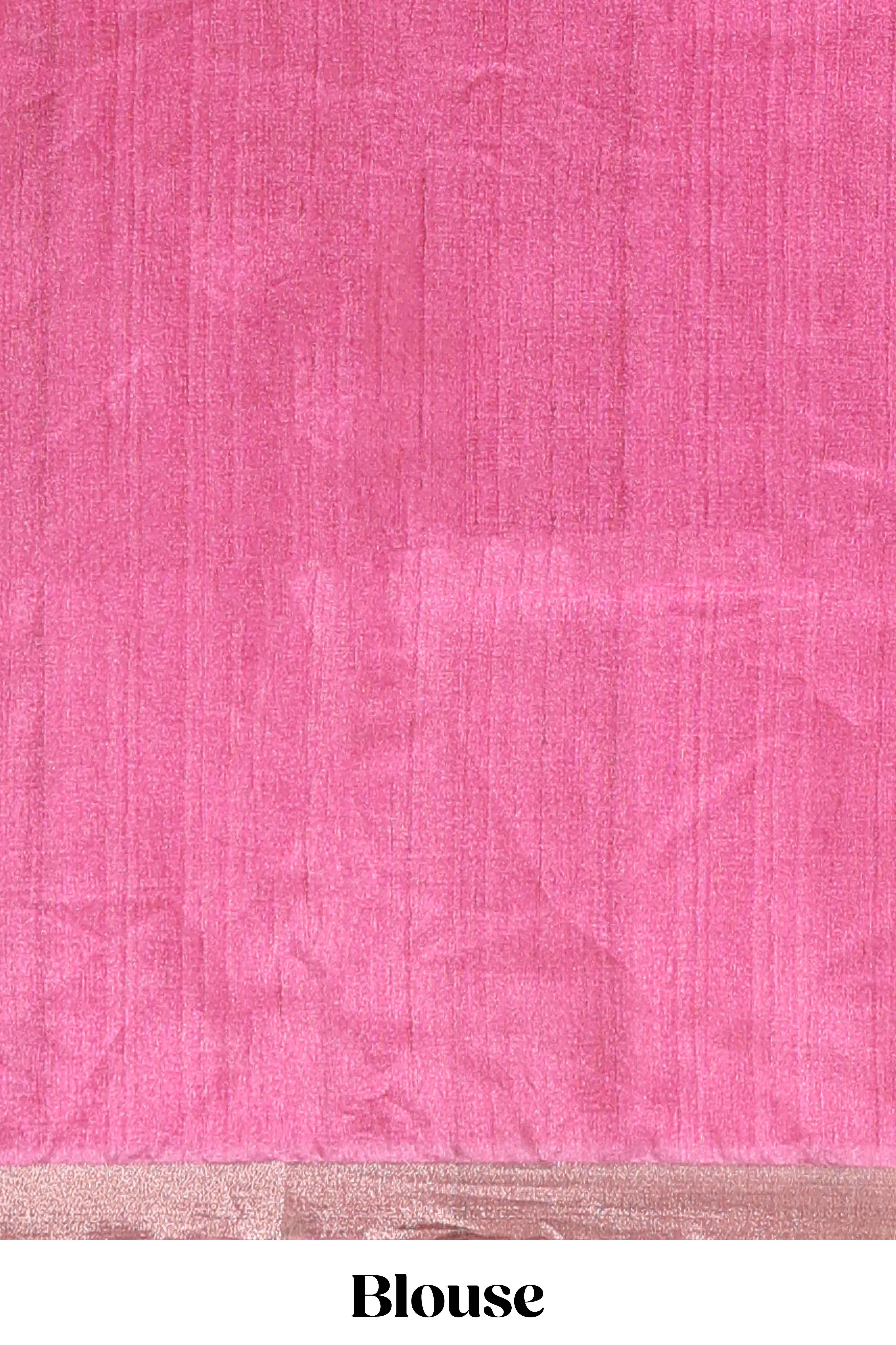 Pink kalamkari style art tussar saree with self zari border and blouse