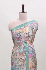 Blue kalamkari style art tussar saree with self zari border and blouse