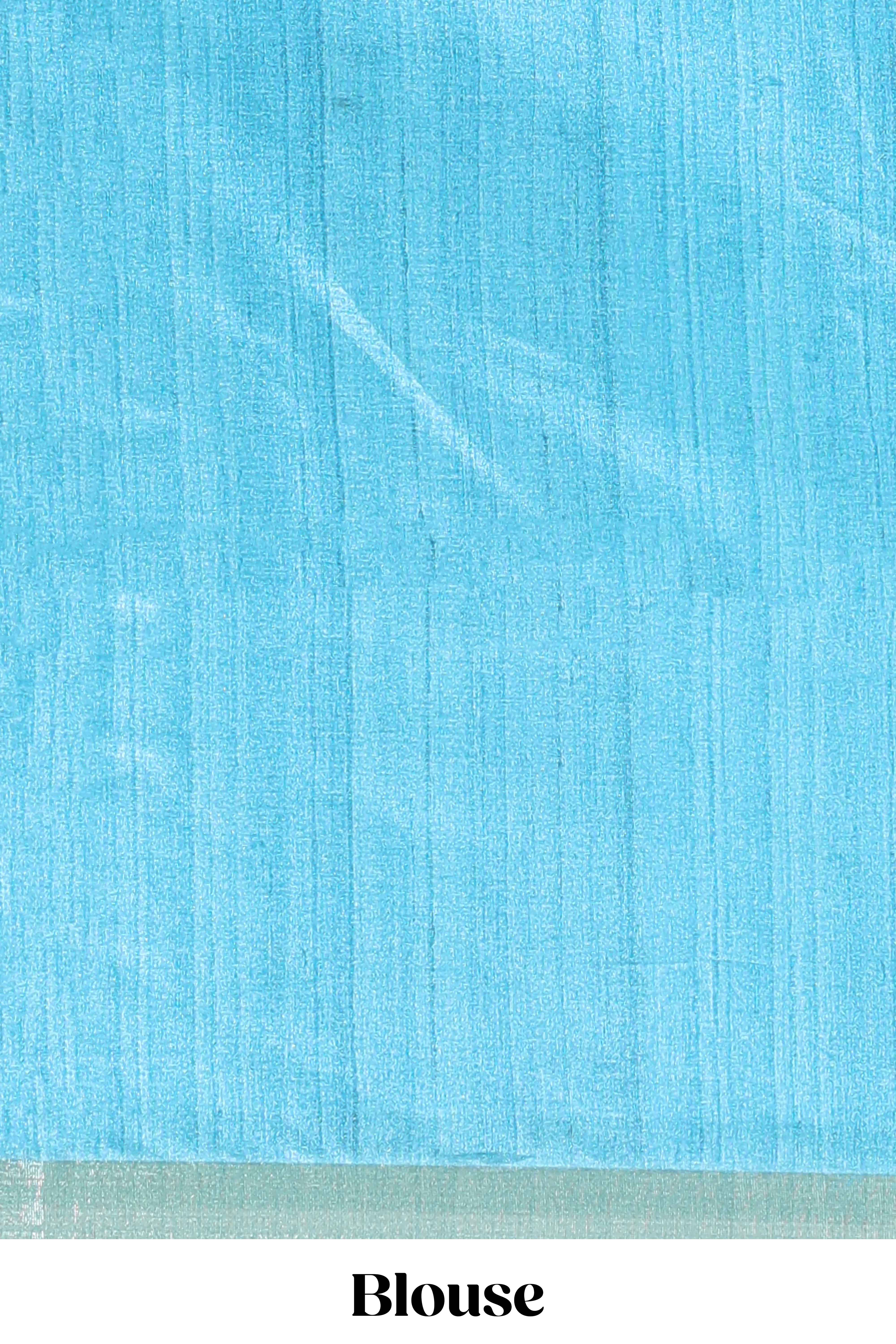 Blue kalamkari style art tussar saree with self zari border and blouse