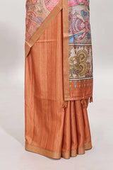 Orange kalamkari style art tussar saree with self zari border and blouse