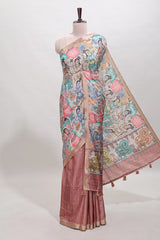 Peach kalamkari style tussar saree with self zari border and matching blouse
