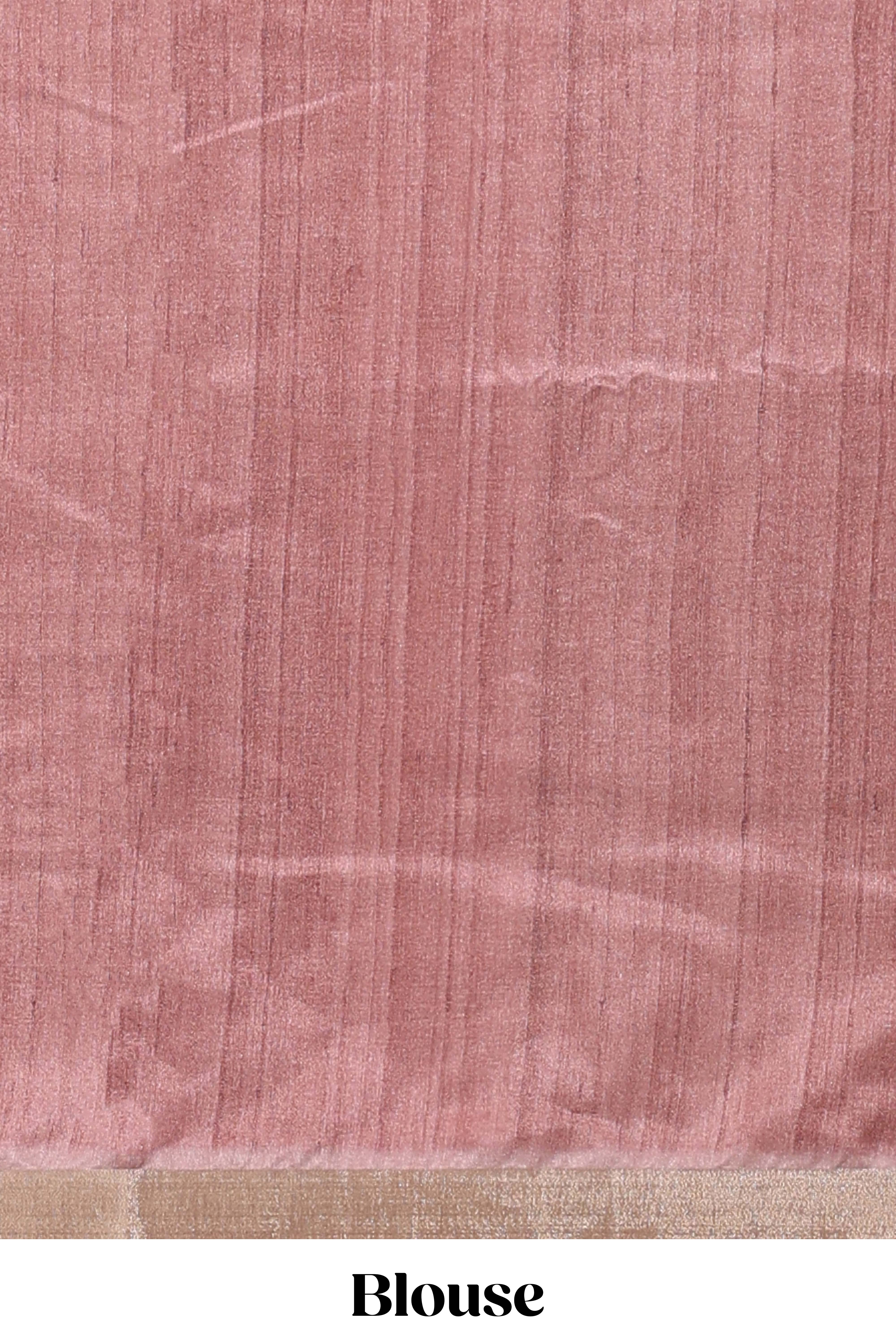Peach kalamkari style tussar saree with self zari border and matching blouse