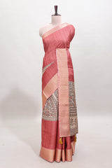 Brick red ditsy floral print art tussar saree with contrast zari border and matching blouse