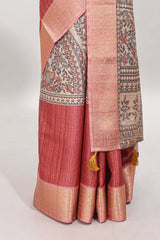 Brick red ditsy floral print art tussar saree with contrast zari border and matching blouse