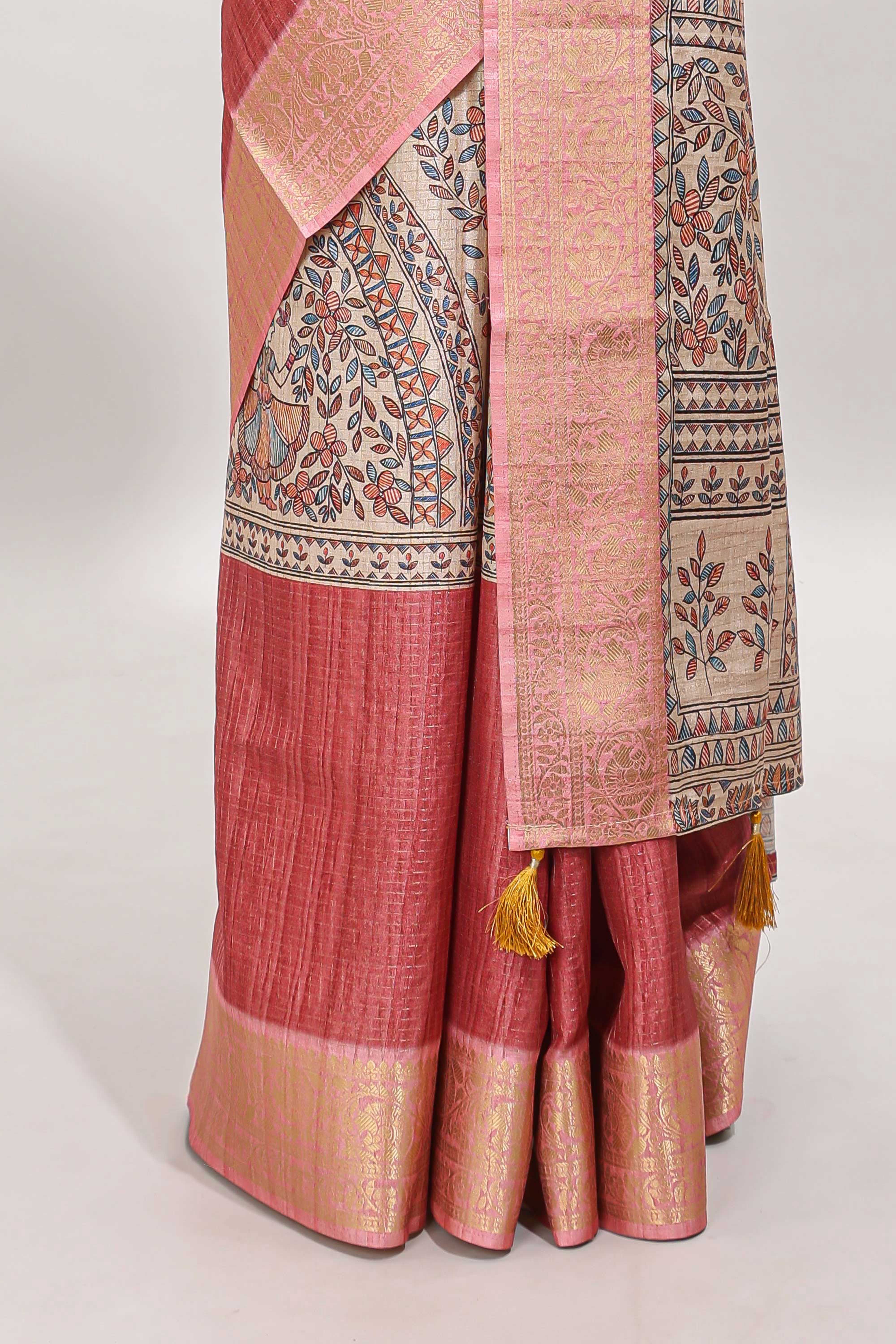 Brick red ditsy floral print art tussar saree with contrast zari border and matching blouse