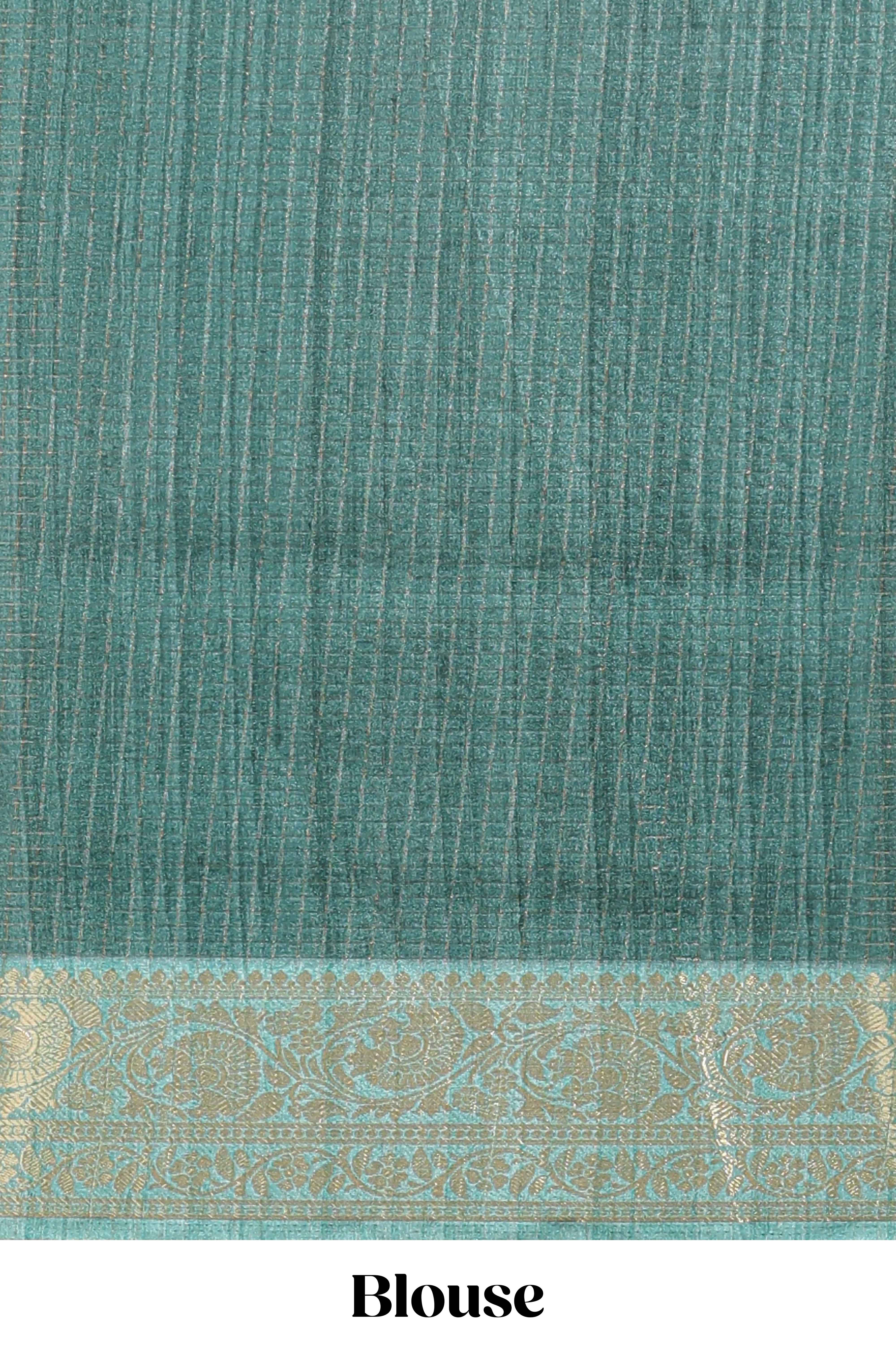 Green ditsy floral print art tussar saree with contrast zari border and matching blouse