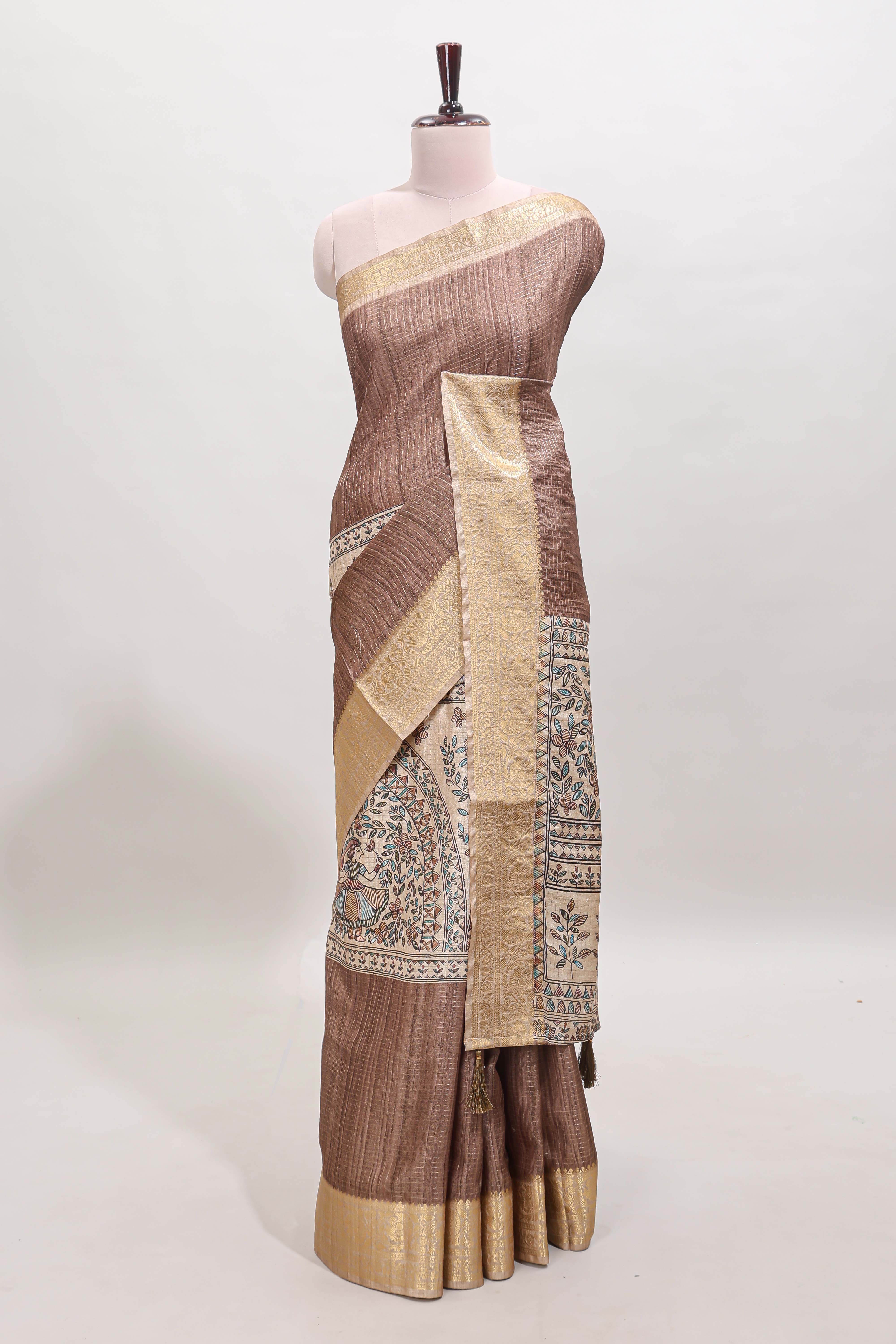 Brown ditsy floral print art tussar saree with contrast zari border and matching blouse