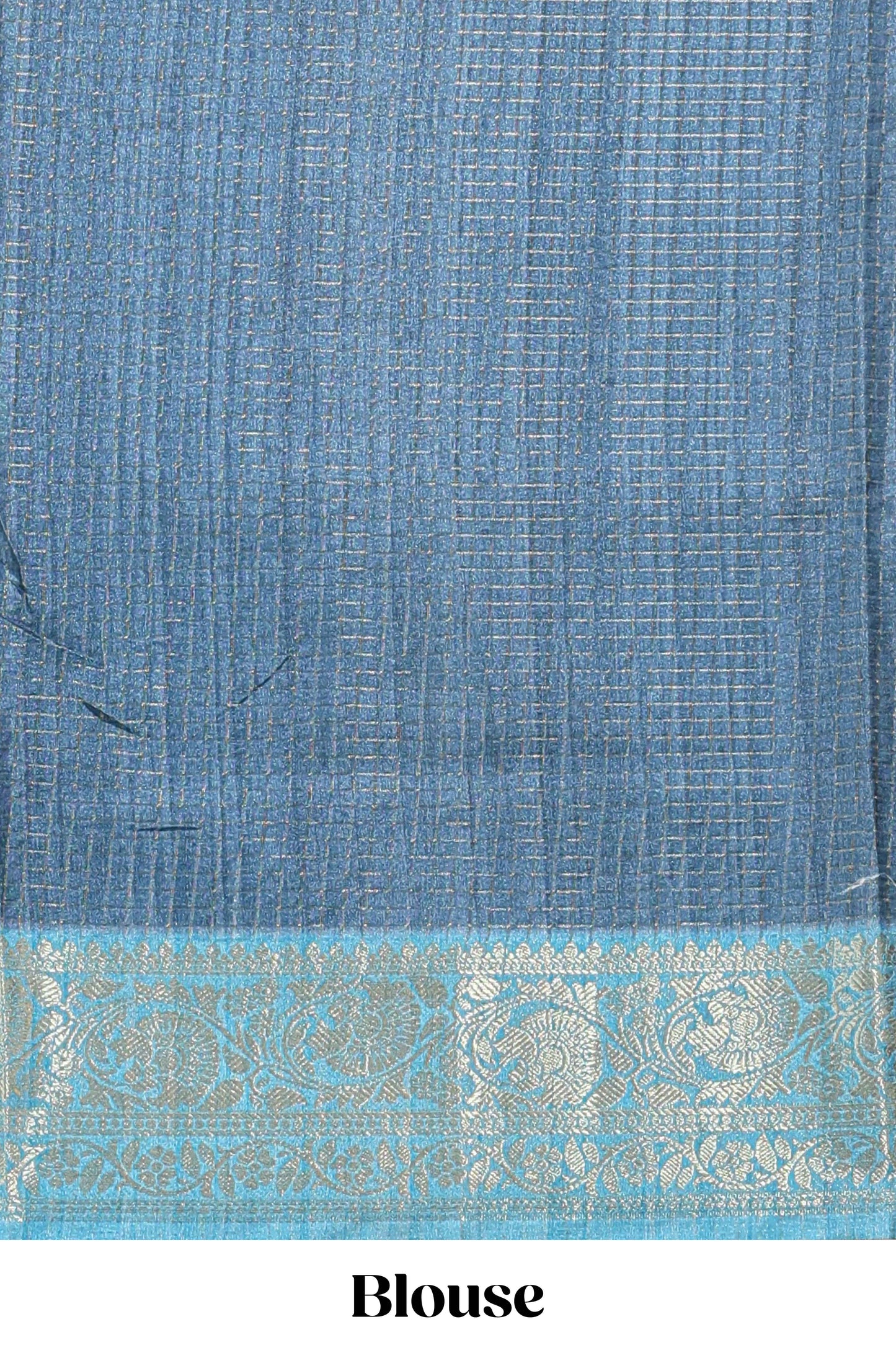 Blue ditsy floral print art tussar saree with contrast zari border and matching blouse