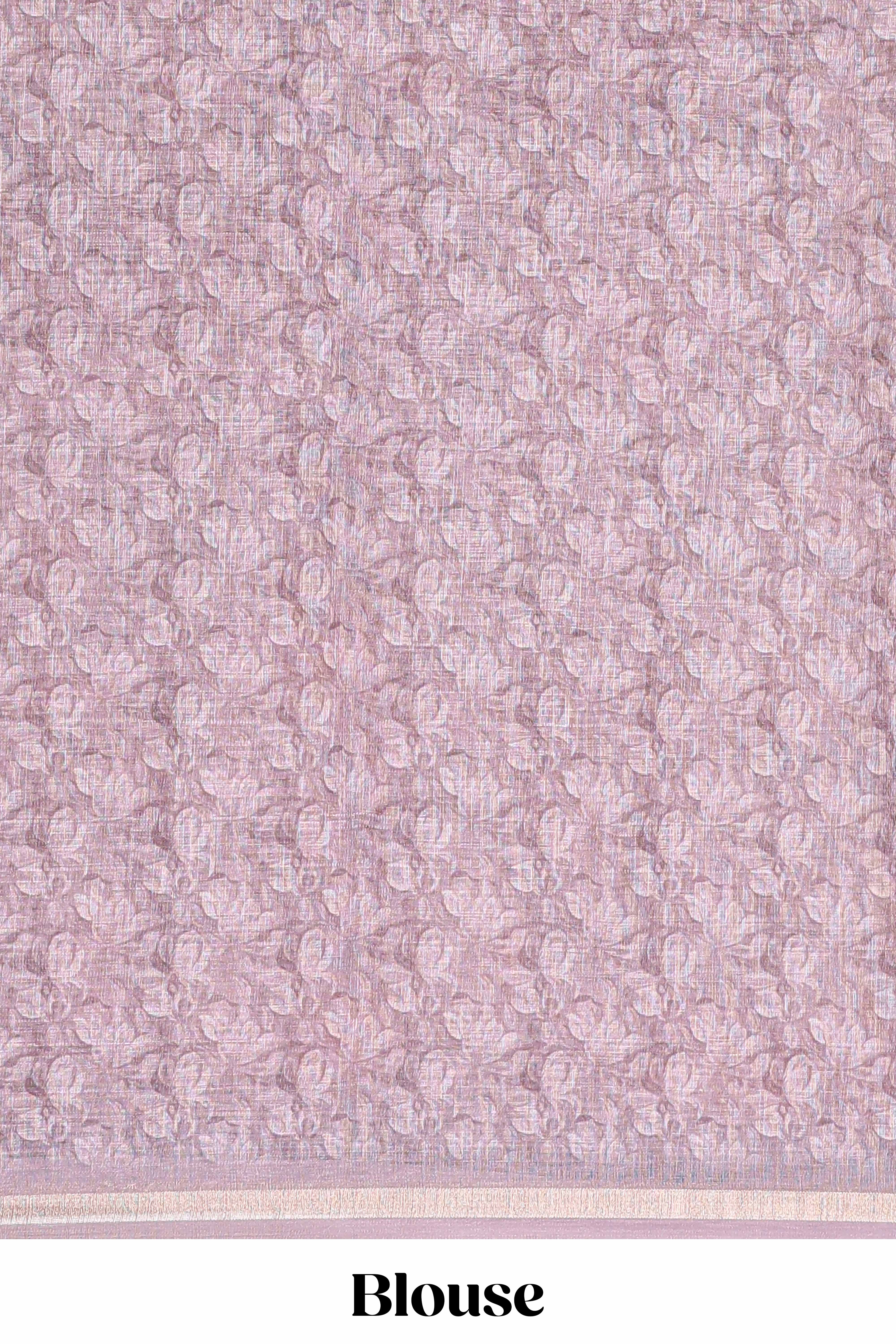 Pastel rose lilac linen cotton saree with floral design and Ikkat motif pallu