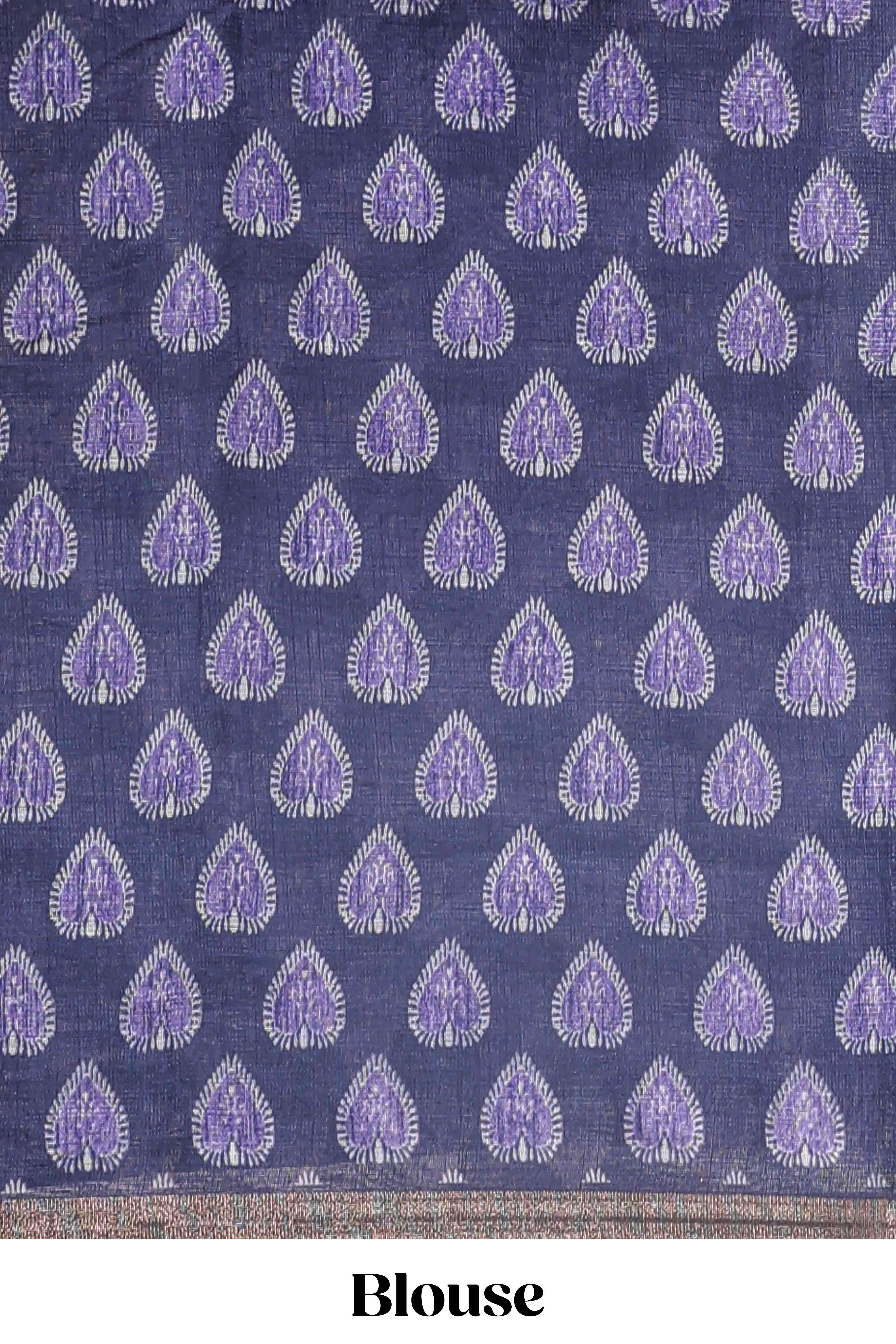 Lavender lotus and crane birds motis linen cotton saree with ikkat style self zari border and pallu
