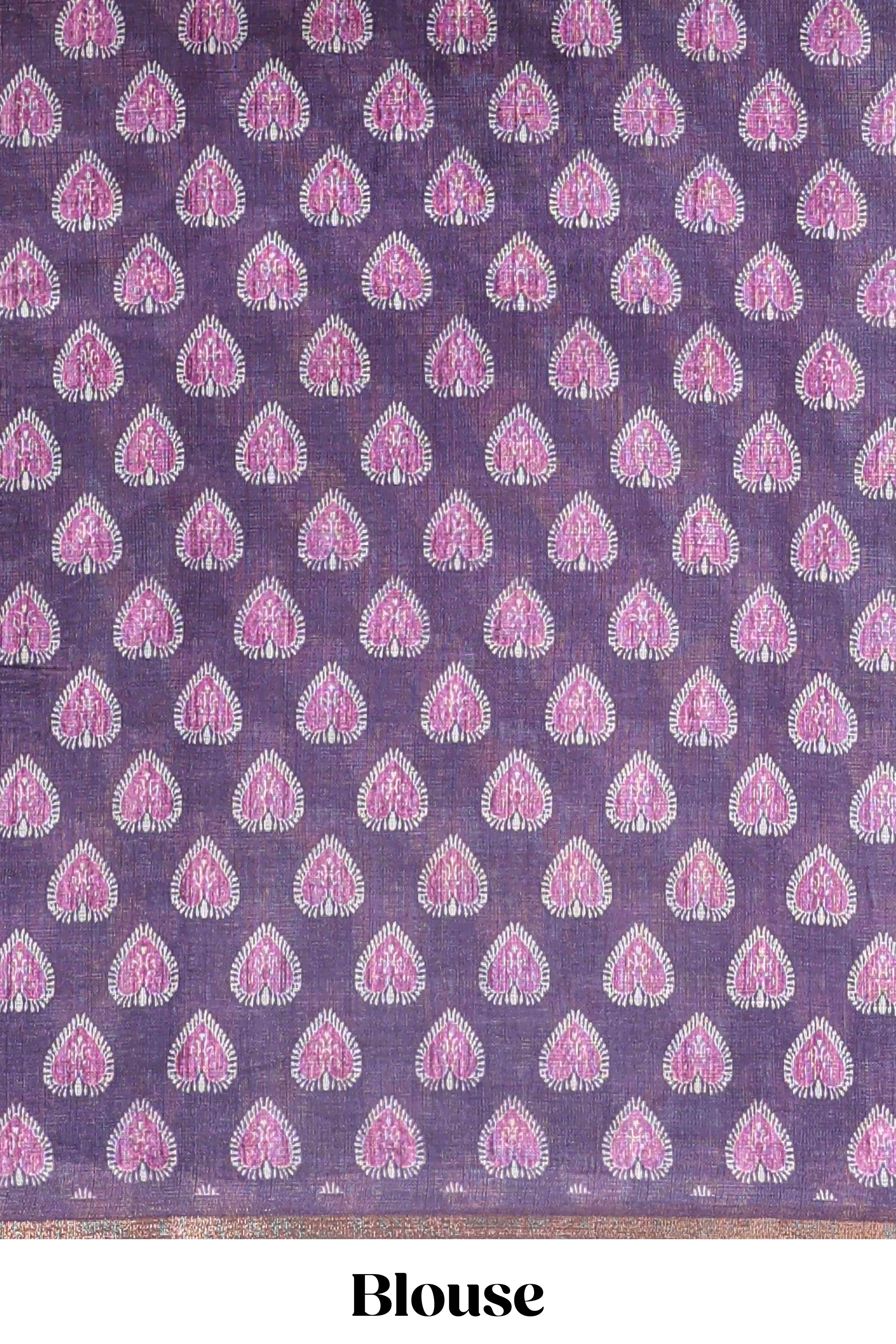 Purple lotus and crane birds motis linen cotton saree with ikkat style self zari border and pallu