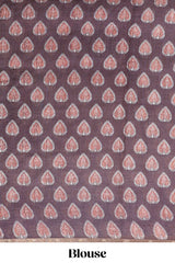 Brown lotus and crane birds motis linen cotton saree with ikkat style self zari border and pallu