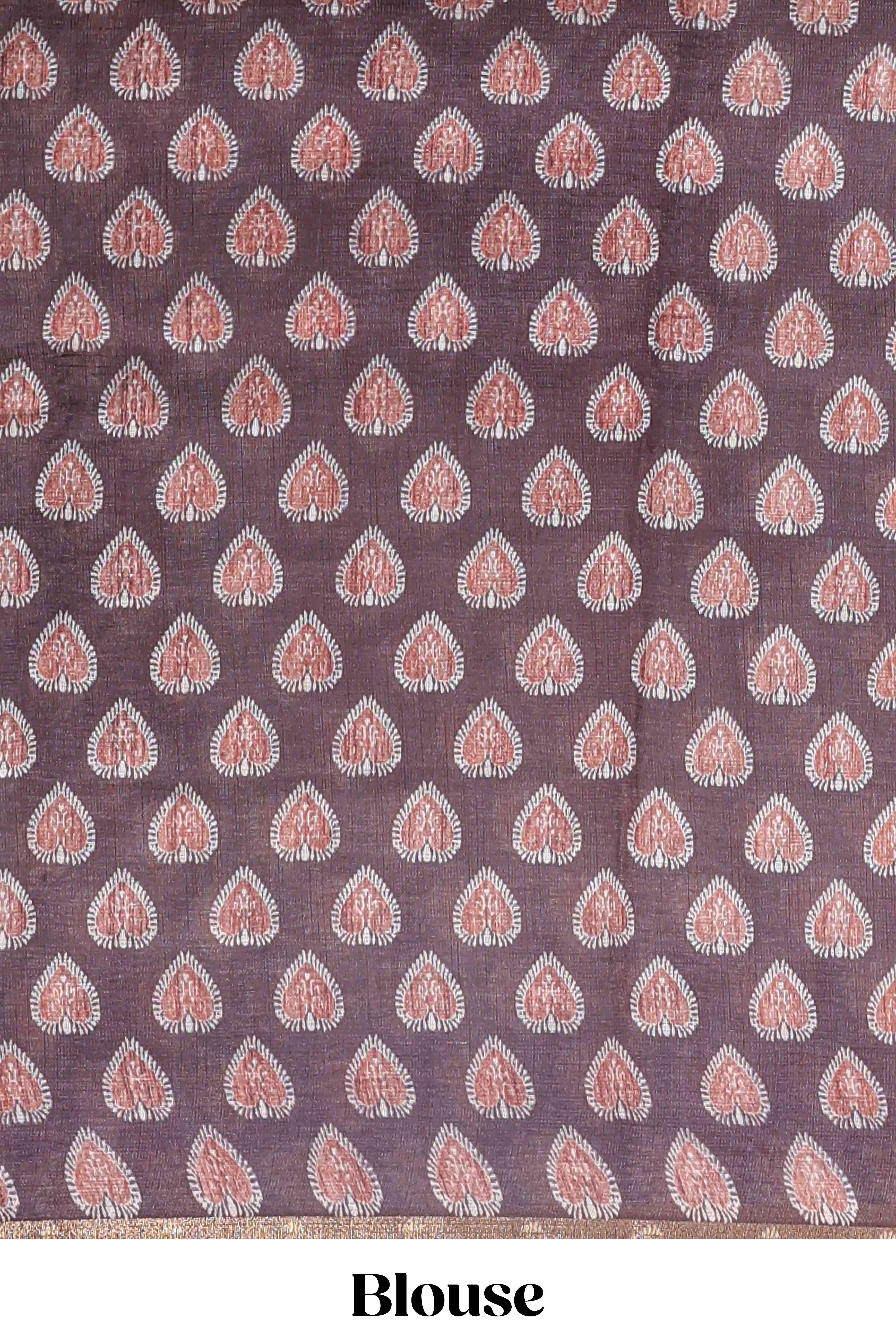 Brown lotus and crane birds motis linen cotton saree with ikkat style self zari border and pallu