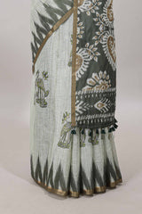 Green lotus and crane birds motis linen cotton saree with ikkat style self zari border and pallu