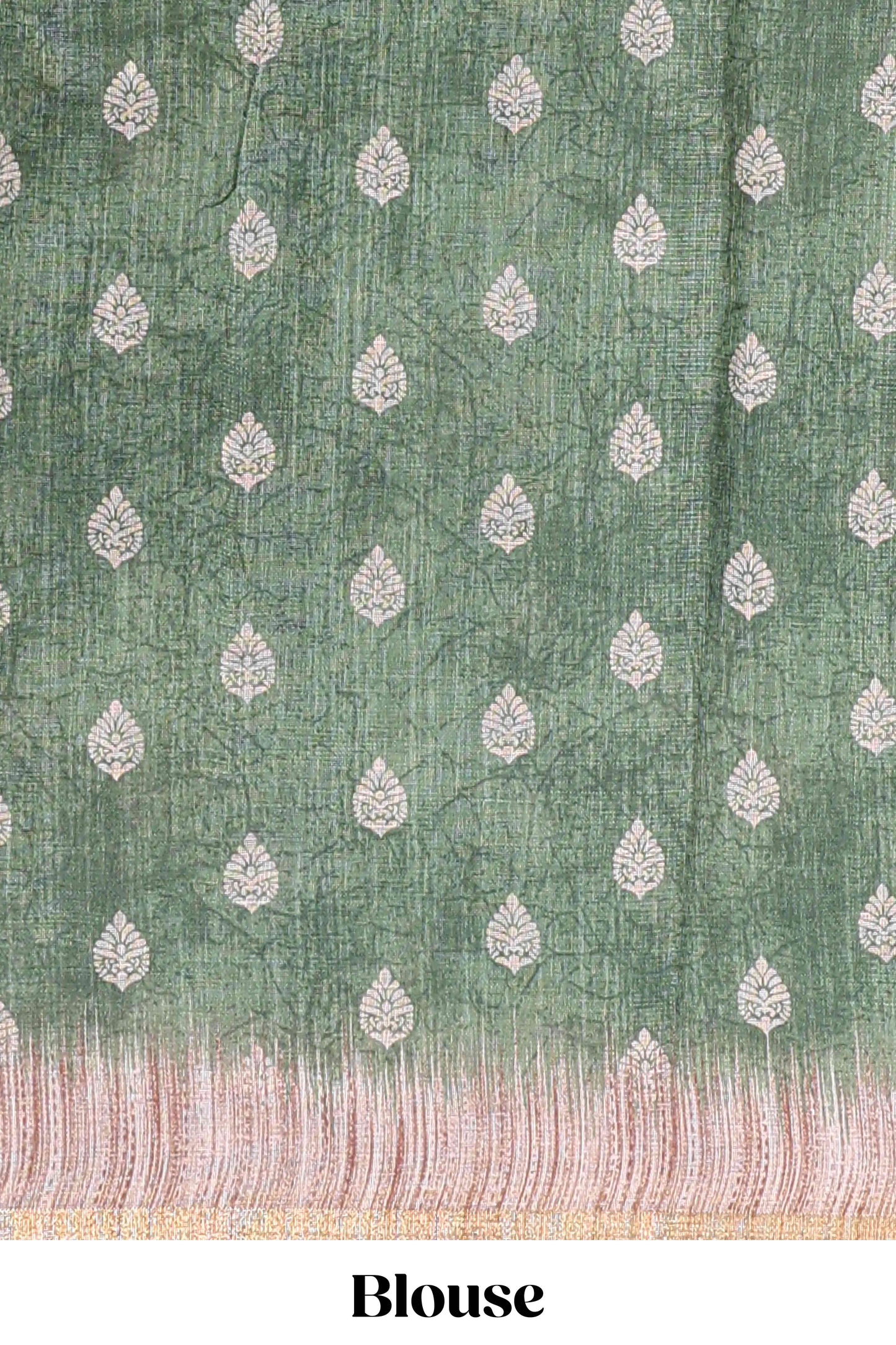 Green paisley motifs linen cotton saree with self zari border and matching blouse