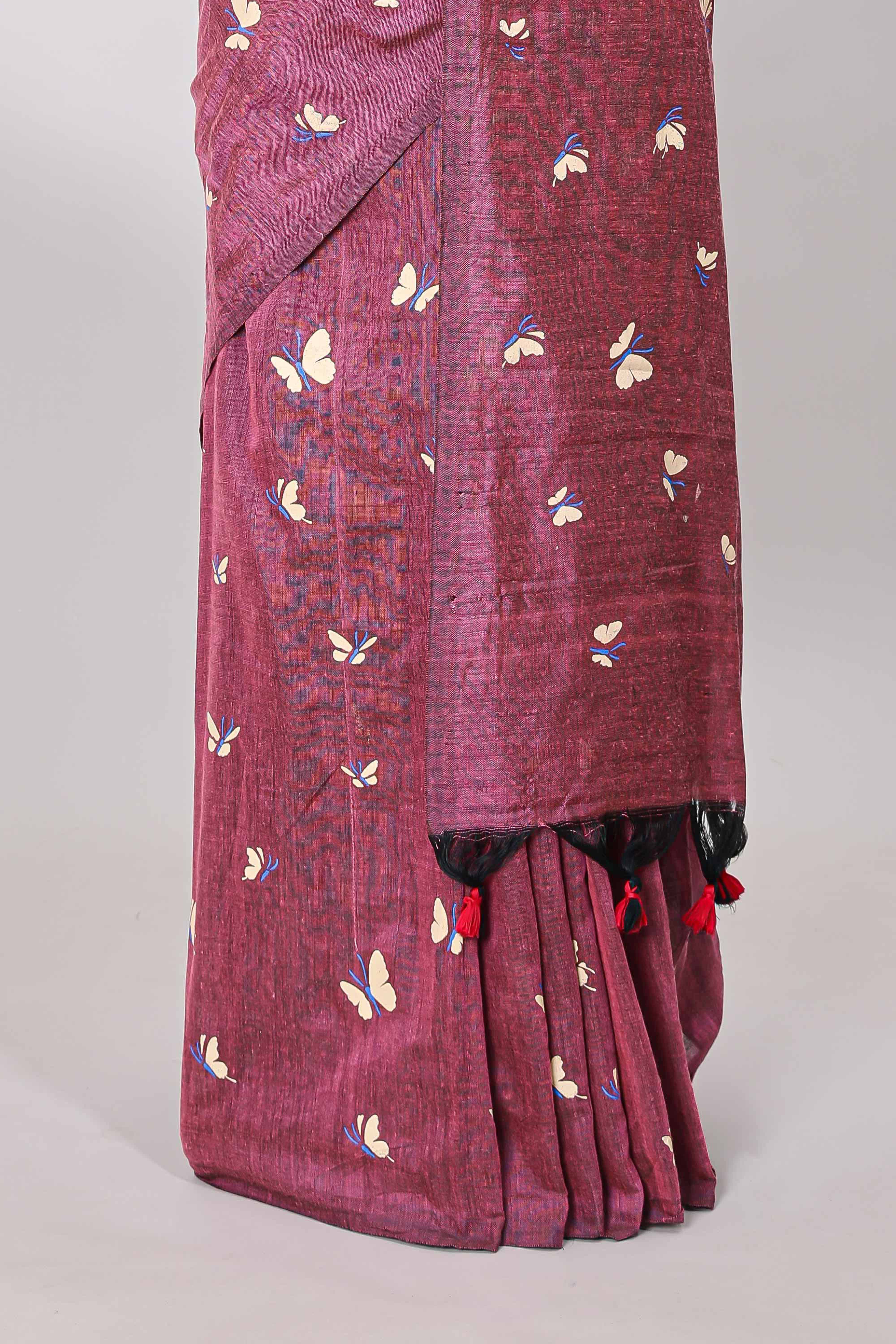 Borderless china rose-pink butterfly motifs south cotton saree with contrast printed blouse