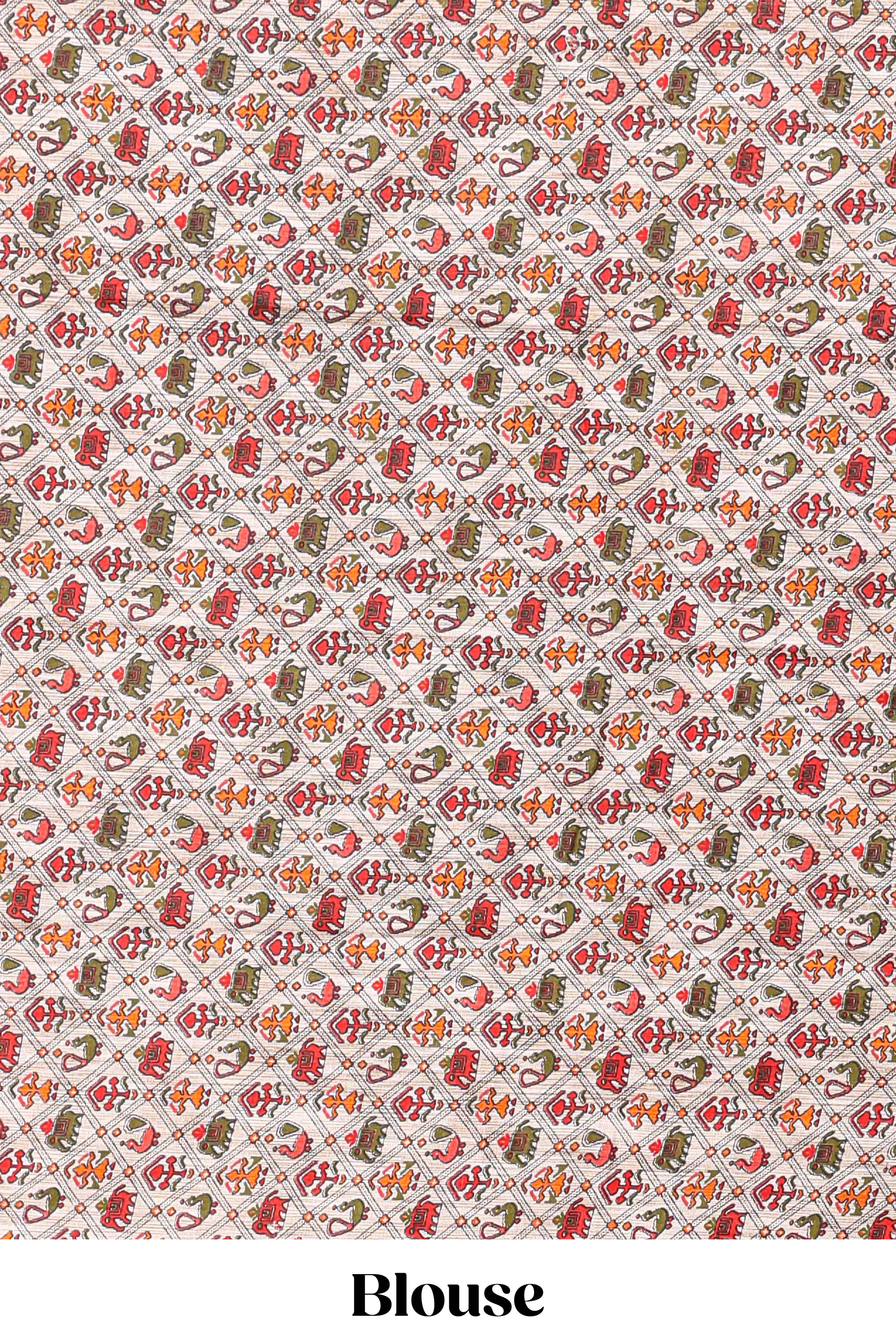 Borderless china rose-pink butterfly motifs south cotton saree with contrast printed blouse