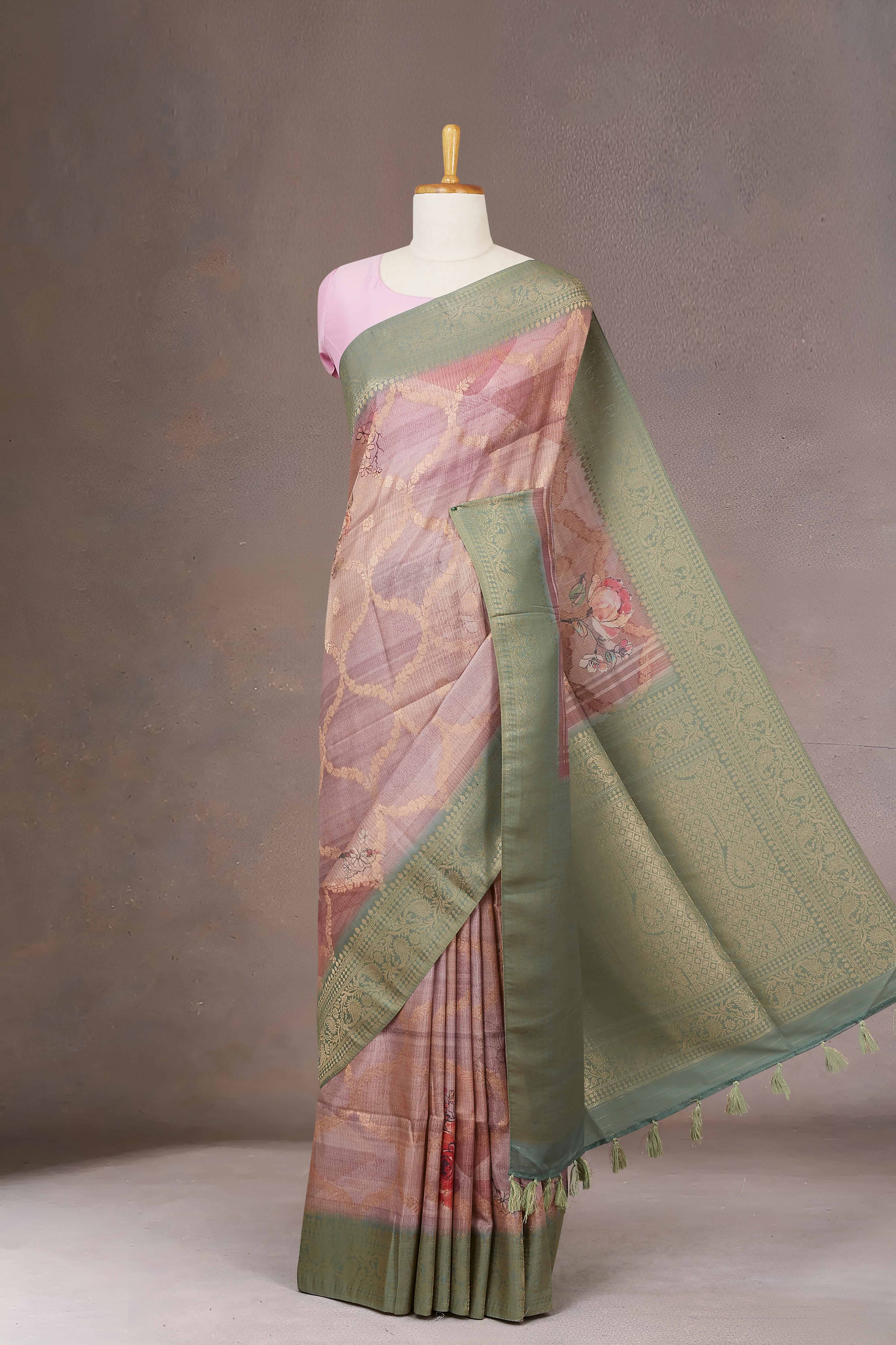 Tussar Digital Print With Zari Border