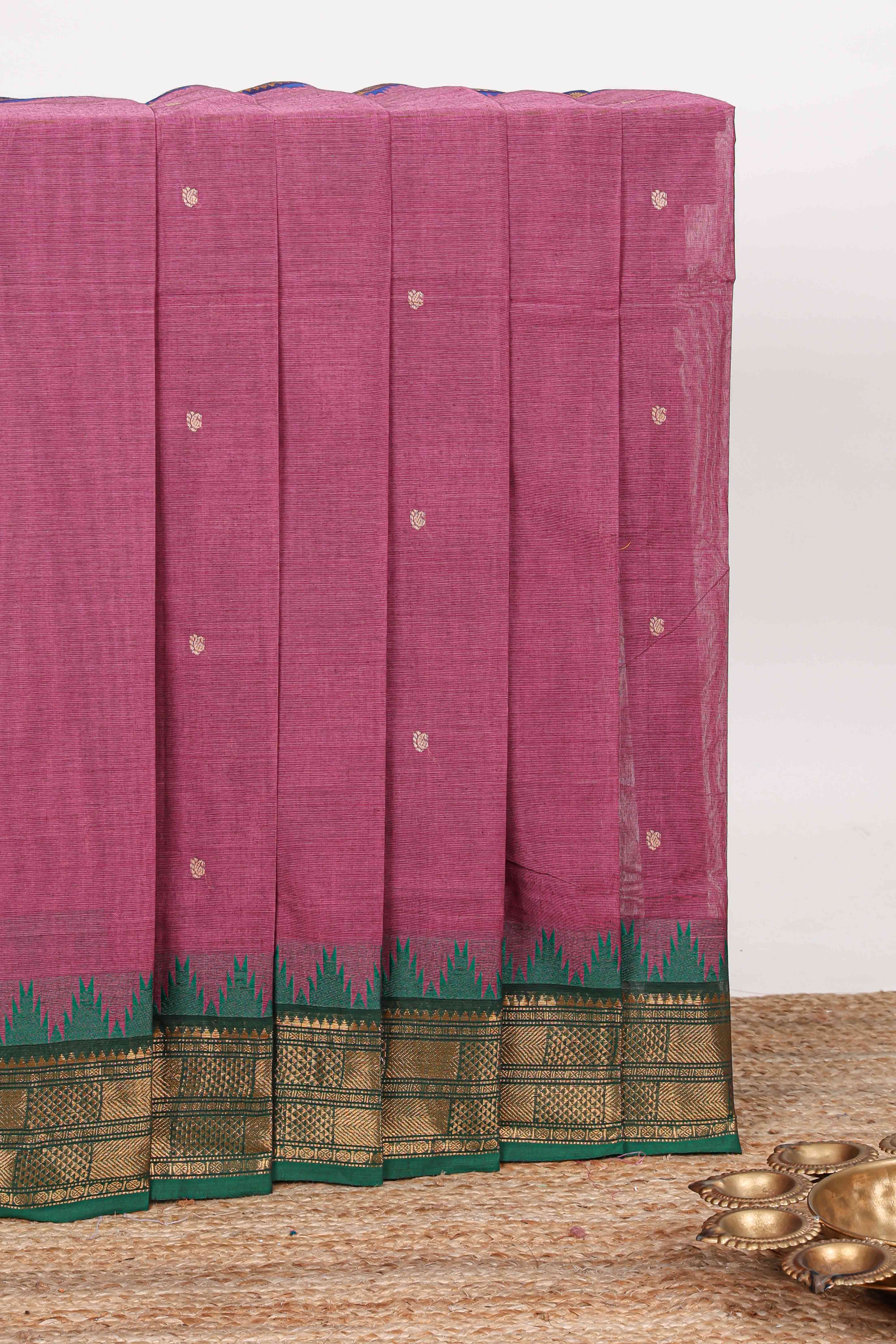 Pink thread butta chettinad cotton saree with contrast zari border and matching striped pallu