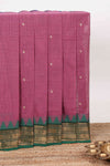 Pink thread butta chettinad cotton saree with contrast zari border and matching striped pallu