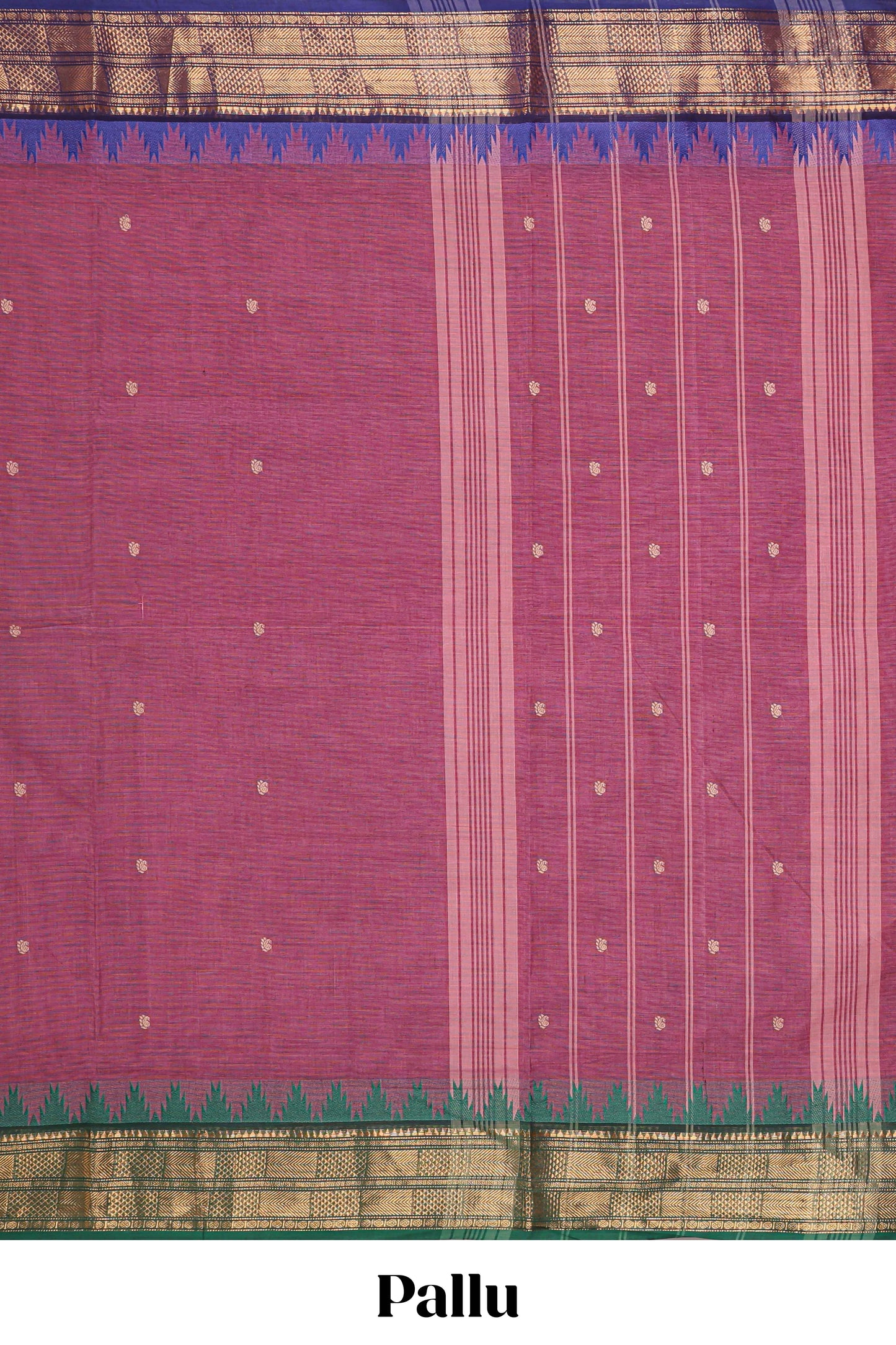 Pink thread butta chettinad cotton saree with contrast zari border and matching striped pallu