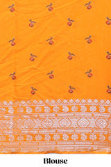 Grey kalamkari style chirala cotton saree with contrast zari border, striped pallu and printed blouse