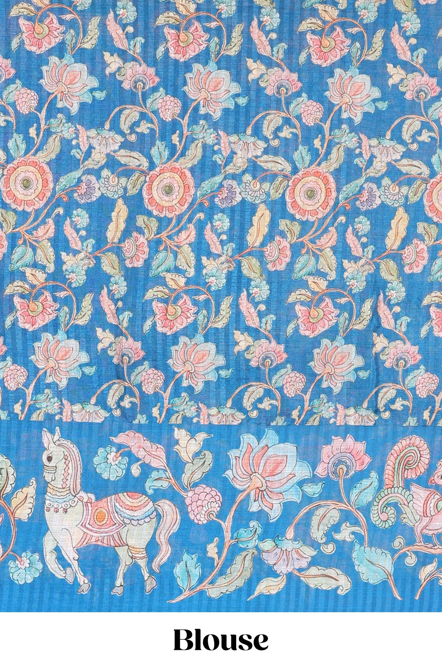 Blue linen tussar saree with kalamkari print, animal and floral motif pallu