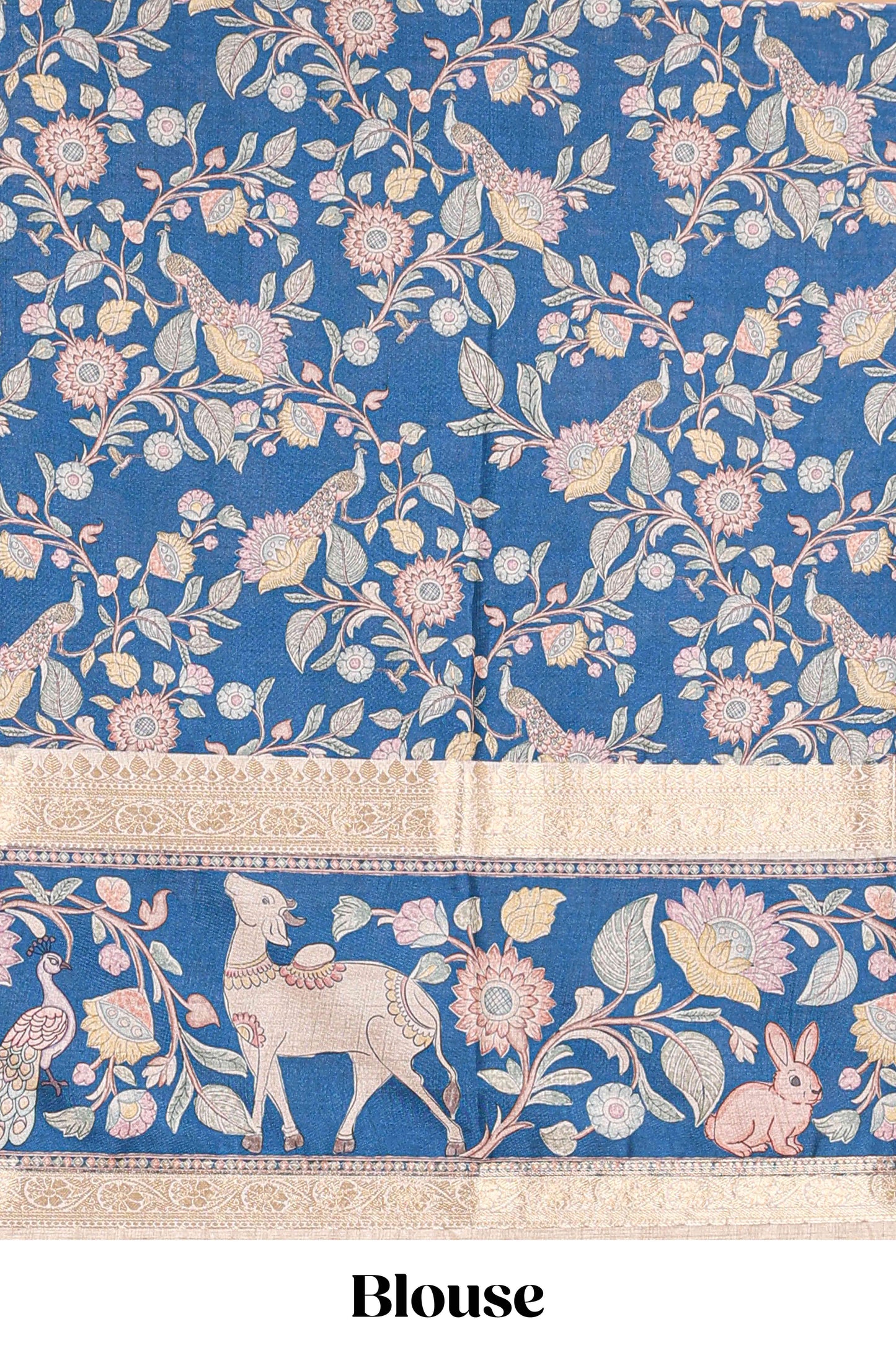 Beige art tussar silk saree featuring zari butta and blue retta-patta border with kalamkari animal designs