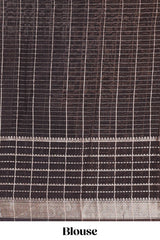 Grey assam silk saree with geometric print, contrast border with zari checks, and Pallu