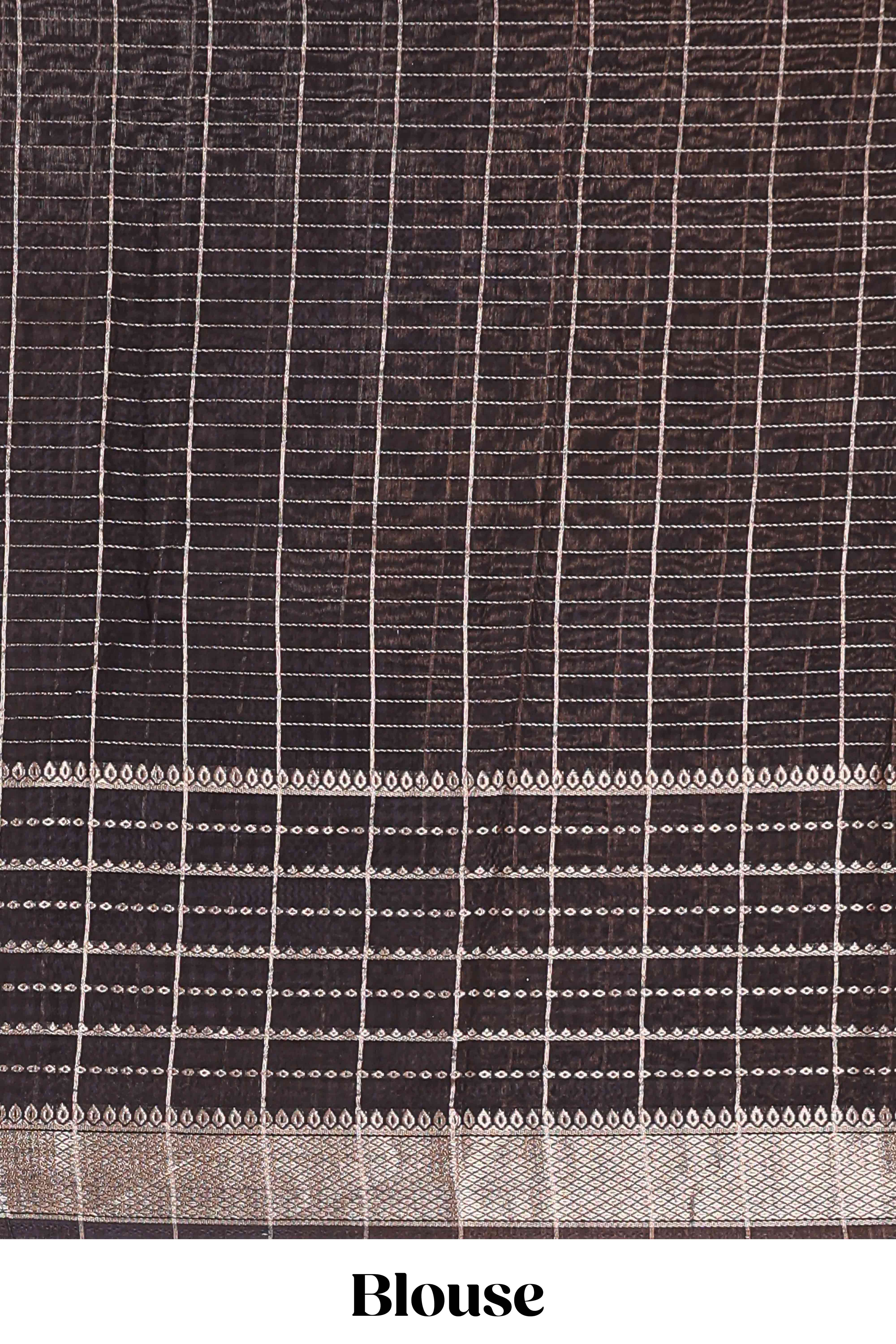 Grey assam silk saree with geometric print, contrast border with zari checks, and Pallu