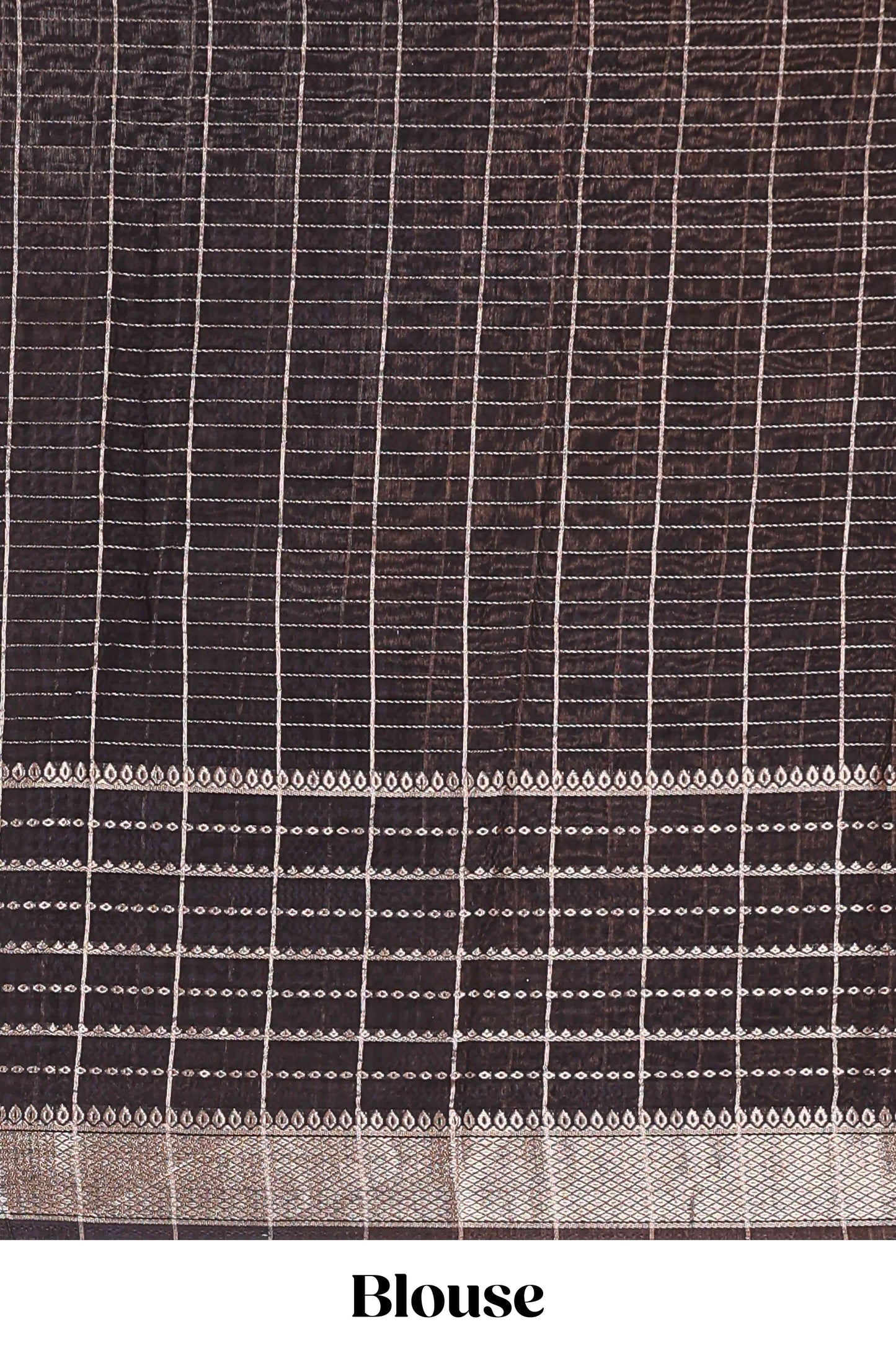 Grey assam silk saree with geometric print, contrast border with zari checks, and Pallu